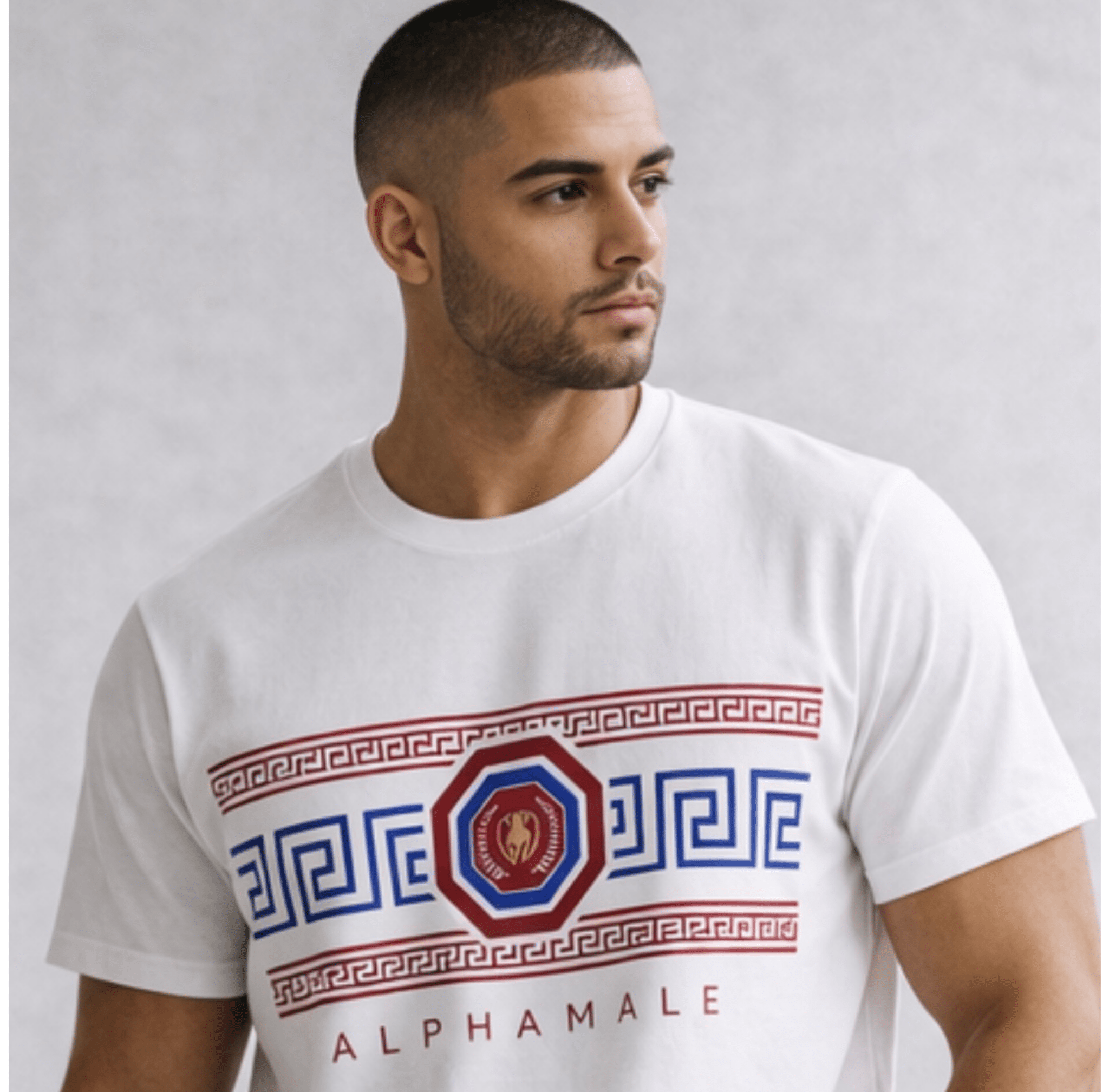 Relatable Designs white geometric graphic t-shirt styled with casual outfit men's lifestyle fashion mock-up