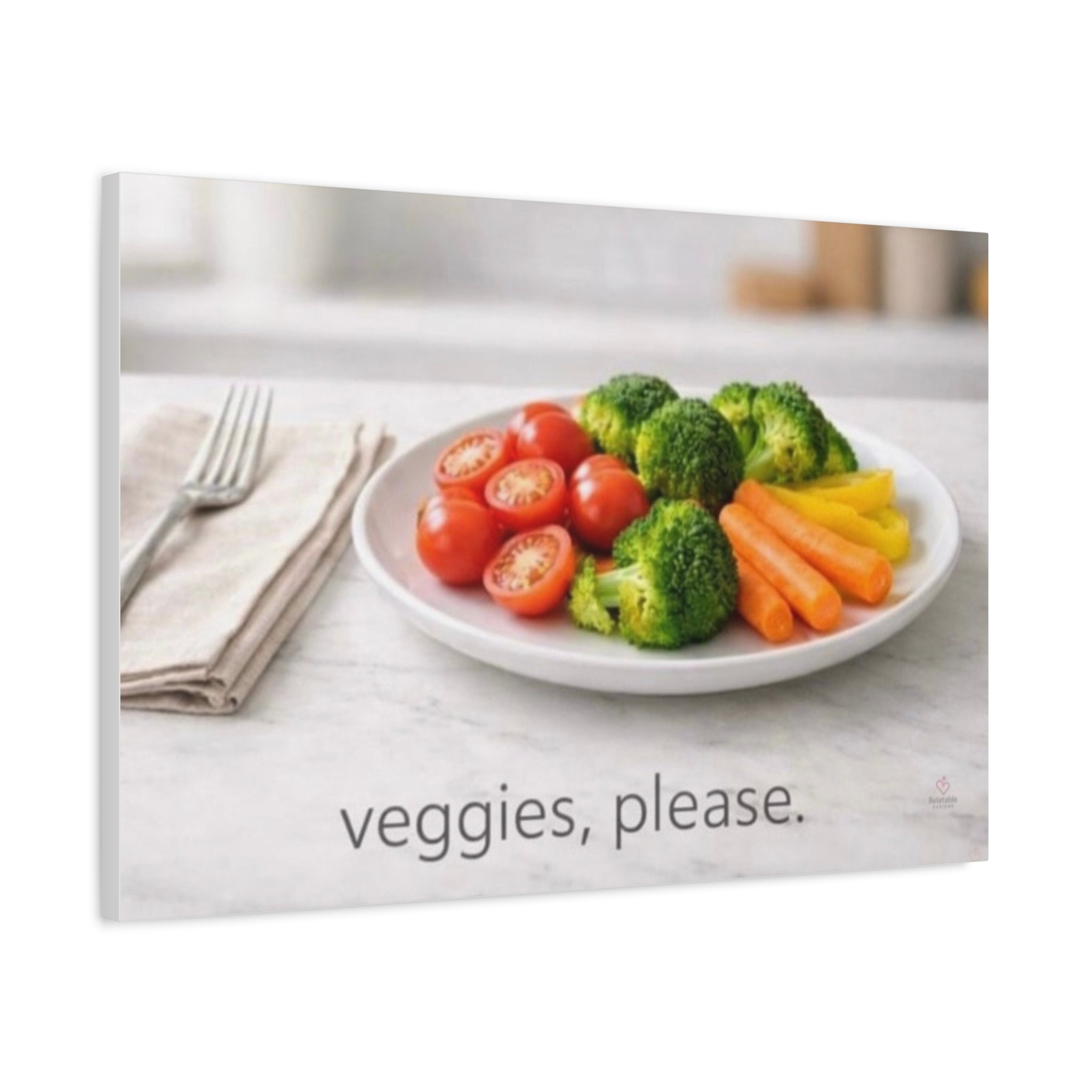 Side View. Plate of vegetables with 'veggies, please' text on a white background.