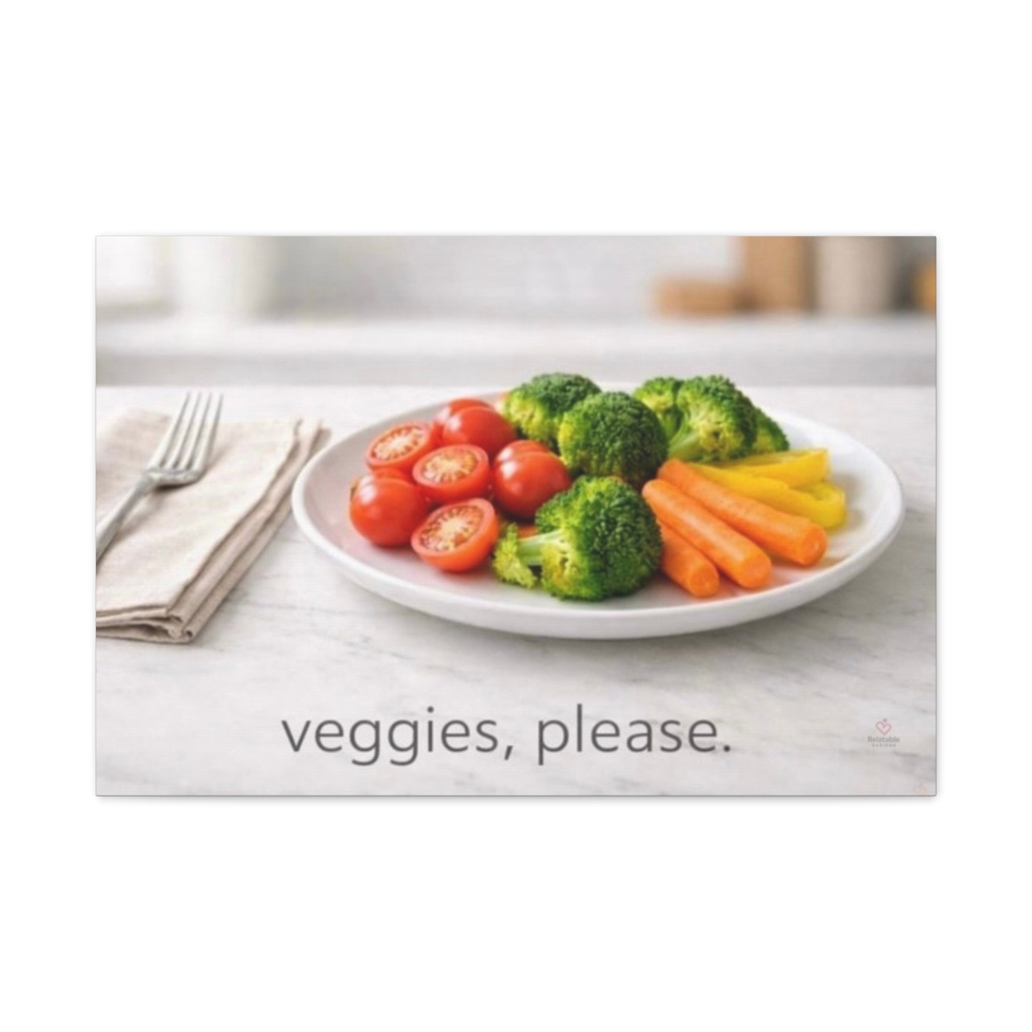 Platter of vegetables with a message 'veggies, please.' on a white surface by Relatable Designs