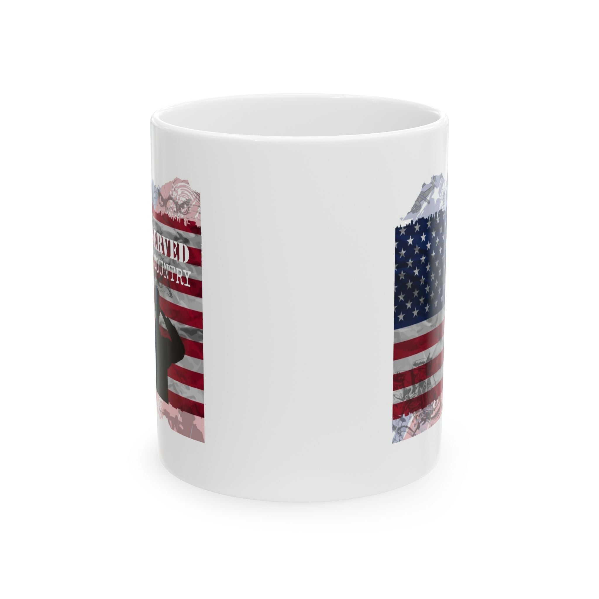 Veteran's White mug with text 'I Served My Country' with American flag design on a white background. Front View.