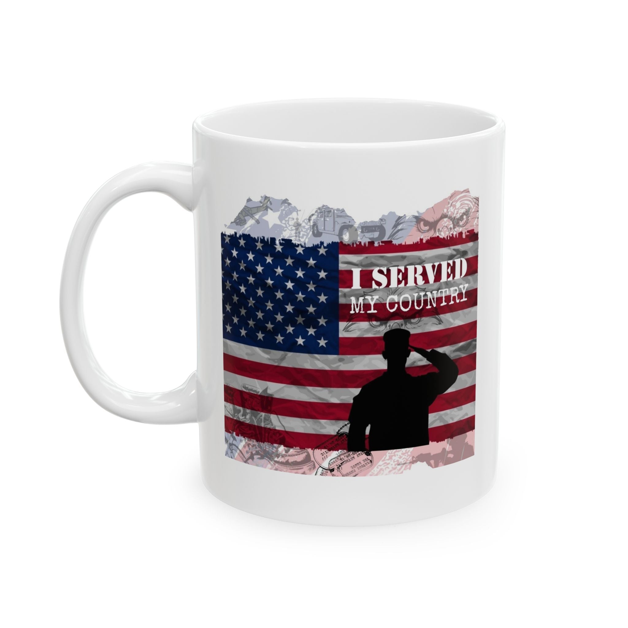 Patriotic mug featuring soldier saluting and American flag