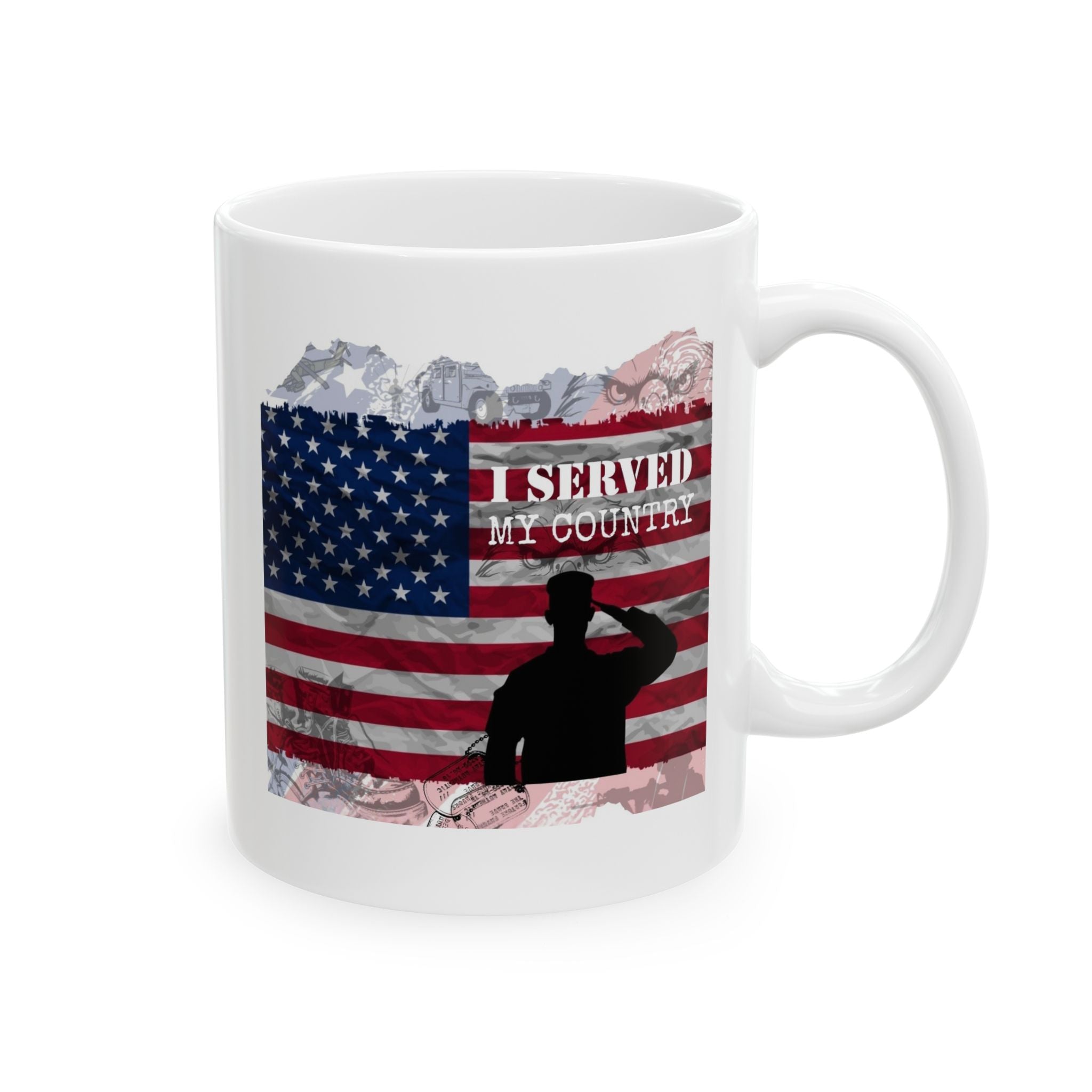 Mug with American flag and image of soldier saluting, text 'I SERVED MY COUNTRY' on a white background by Relatable Designs.