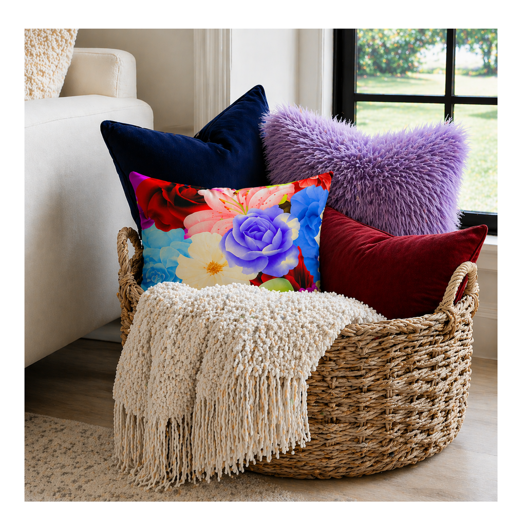 Vibrant Floral Throw Pillow | Colorful Faux Suede Decorative Cushion by Relatable Designs
