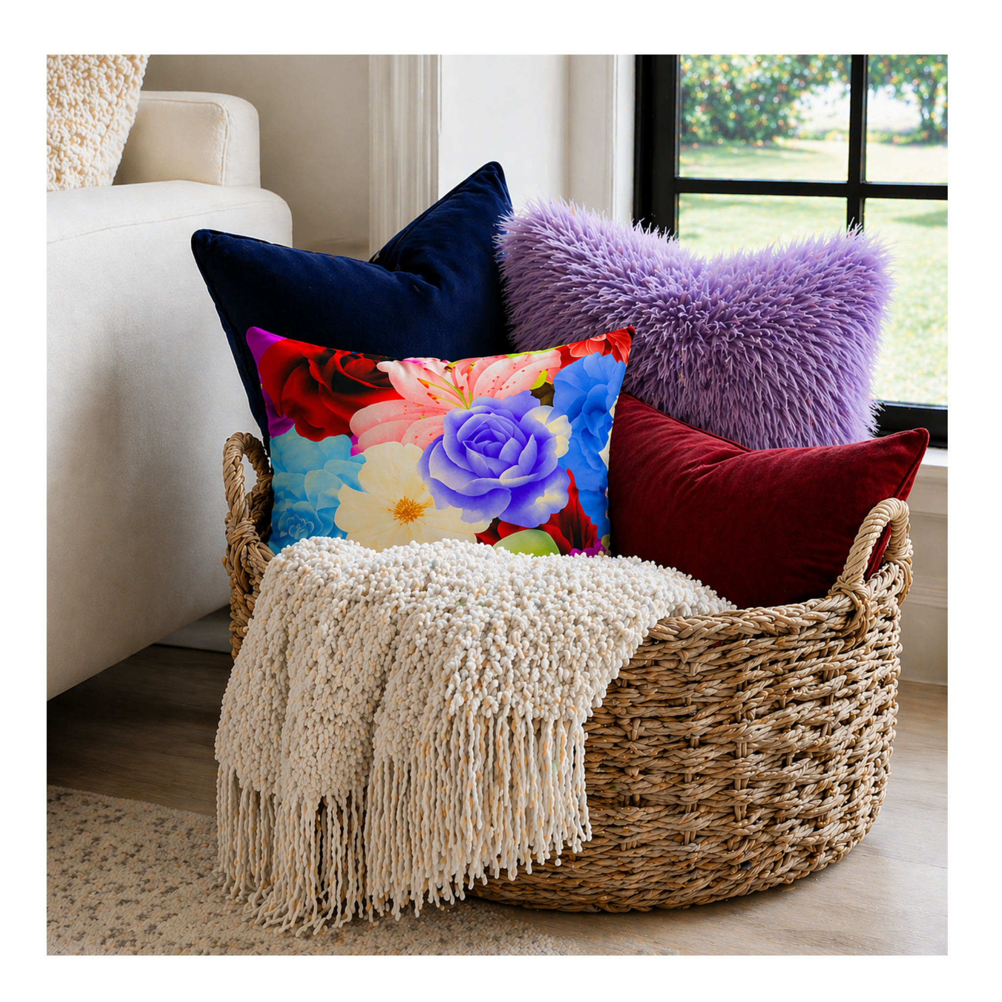 Vibrant Floral Throw Pillow | Colorful Faux Suede Decorative Cushion by Relatable Designs