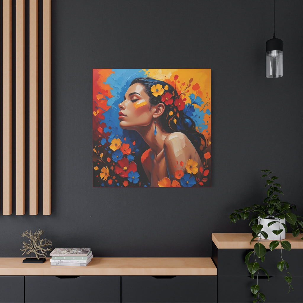 Colorful painting of a woman with flowers on a dark wall in a modern interior setting.