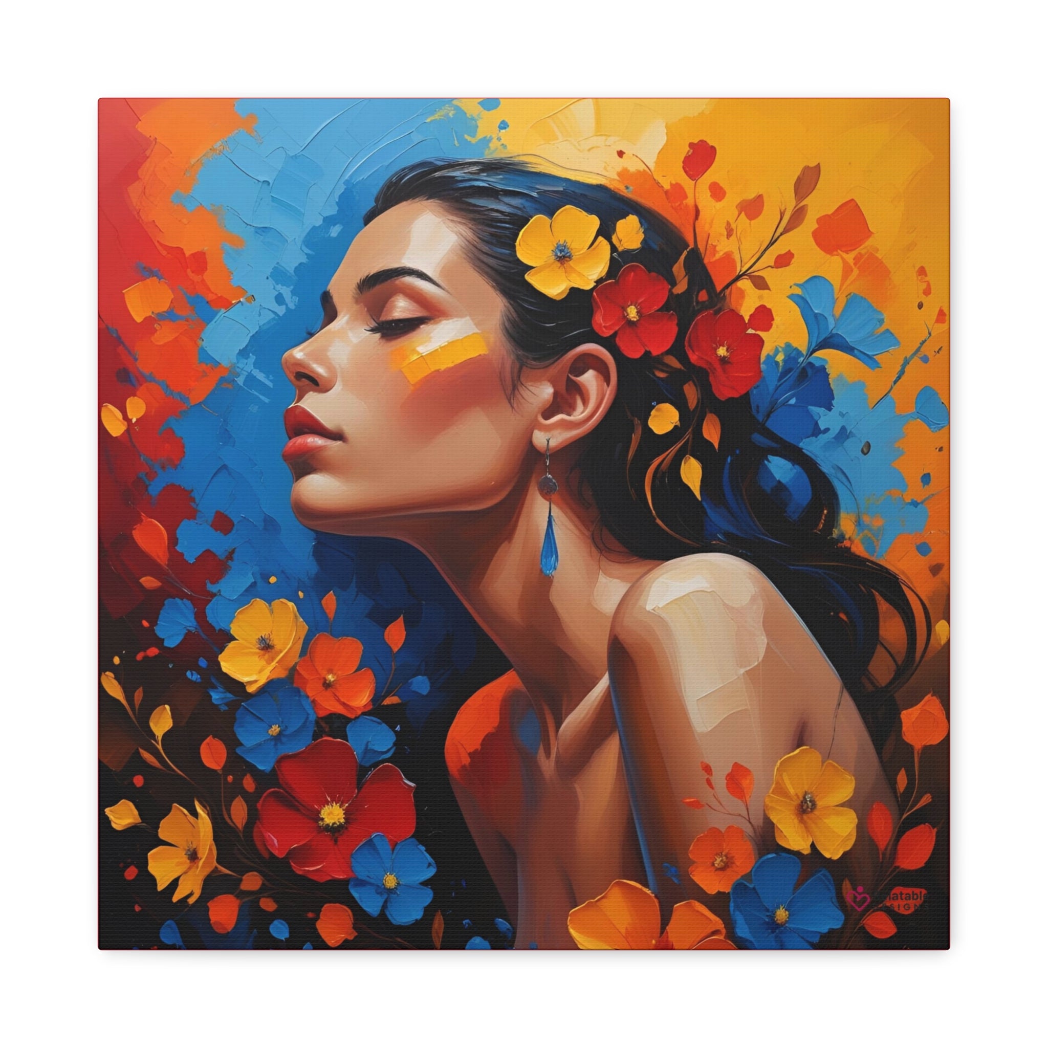 Artistic depiction of a woman with flowers in her hair and around her face against a colorful background by Relatable Designs.
