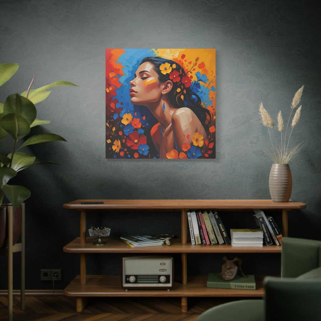 Colorful painting of a woman with flowers in her hair and around her face on a dark wall above a wooden shelf.