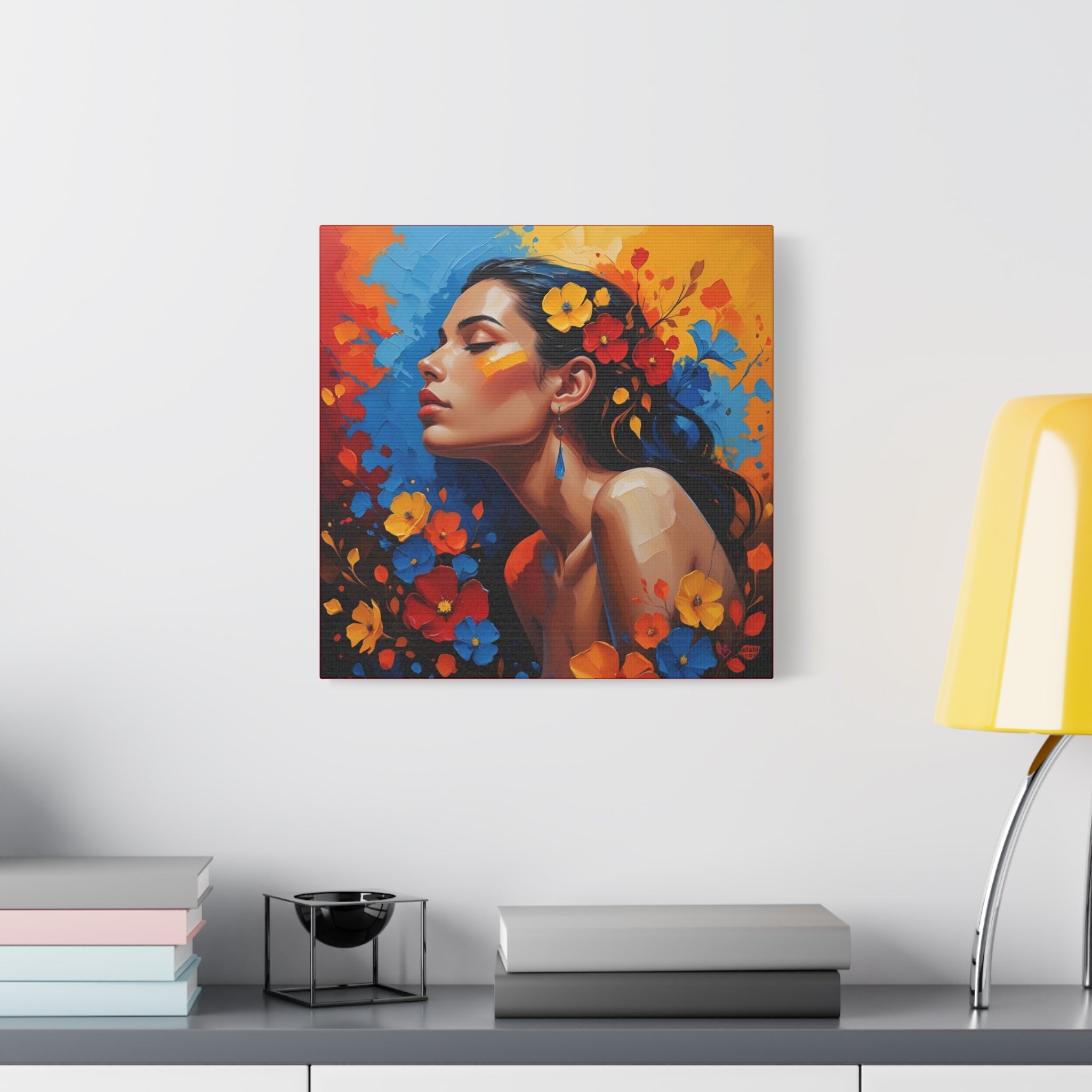 Colorful bohemian style painting of a woman with flowers on a wall above a shelf.
