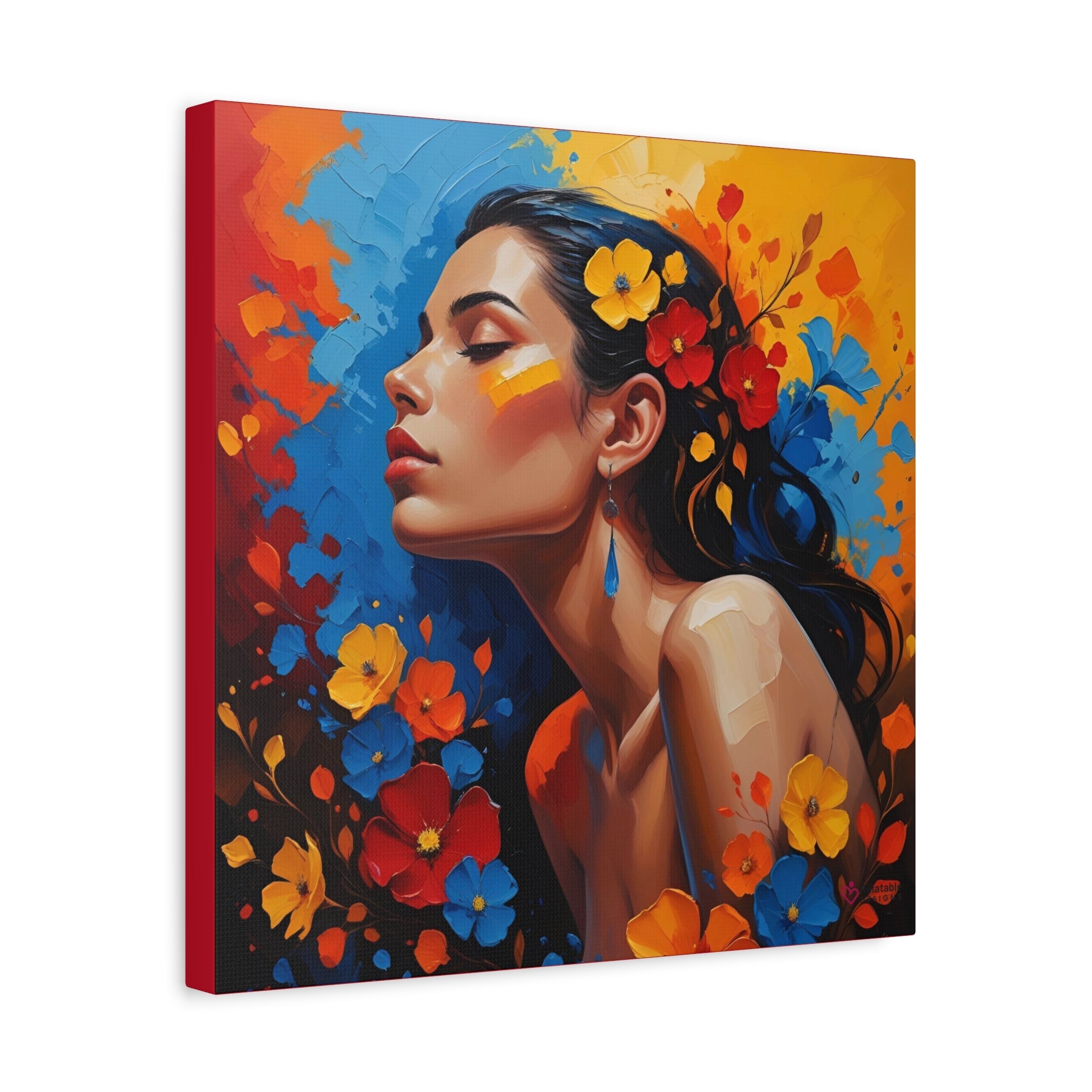 Colorful canvas print of a woman's profile with colorful flowers on a white background.