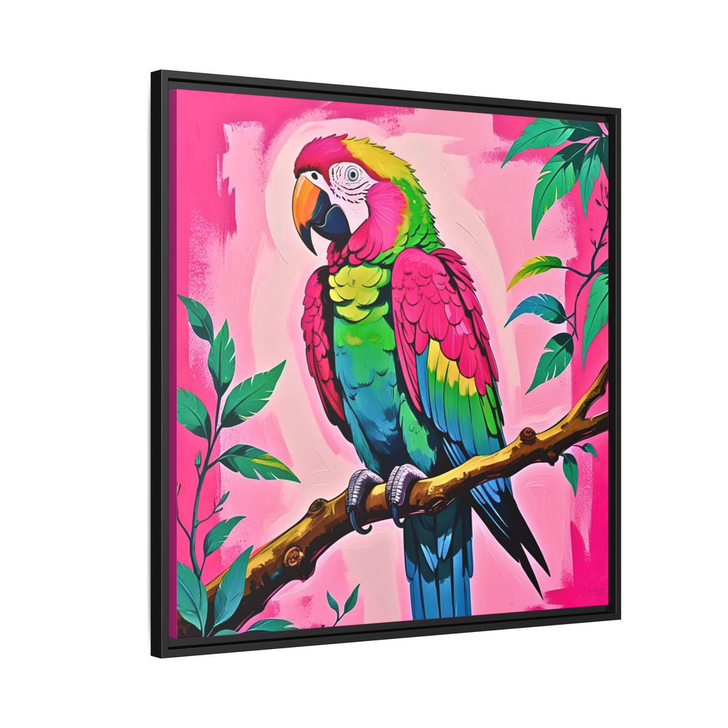 Colorful parrot painting on a pink background with black frame.