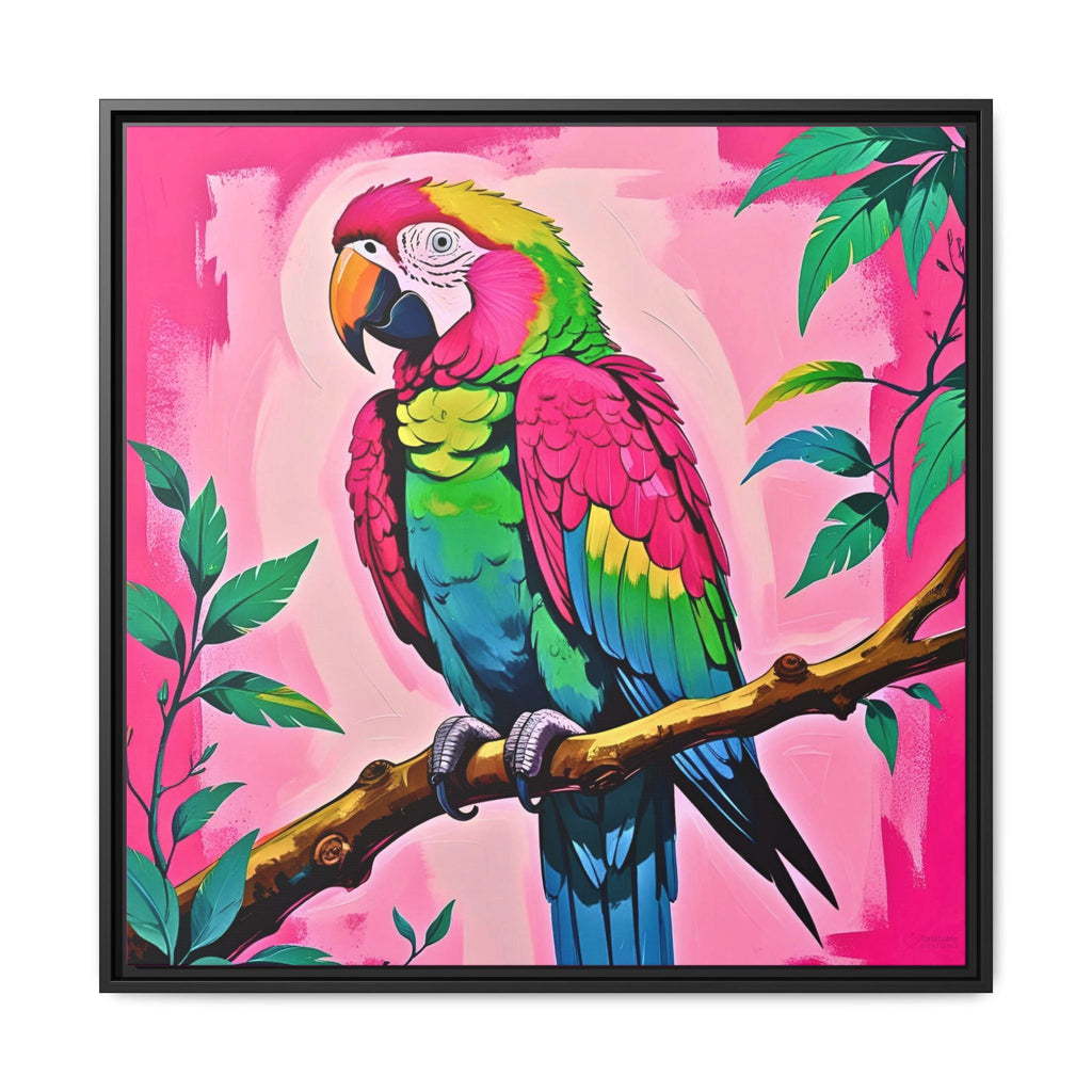 Colorful parrot painting on a pink background with tropical leaves by Relatable Designs.
