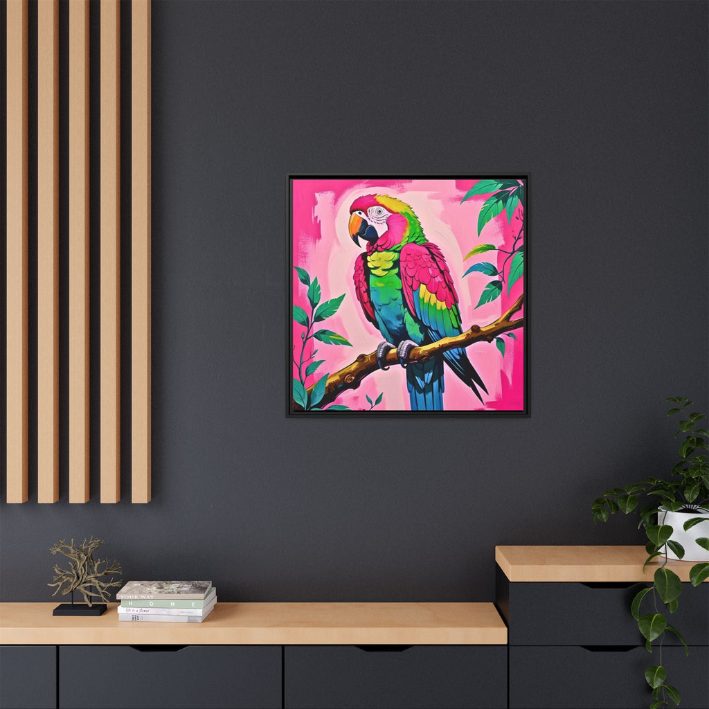 Framed colorful parrot artwork on a dark wall with wooden shelves below.