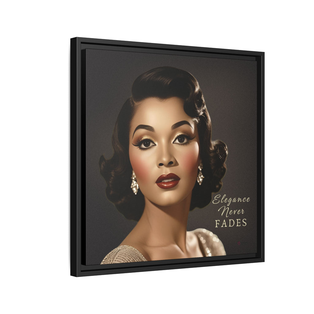 Framed artwork of a woman with elegant hair and makeup, featuring the text 'Elegance Never Fades'.