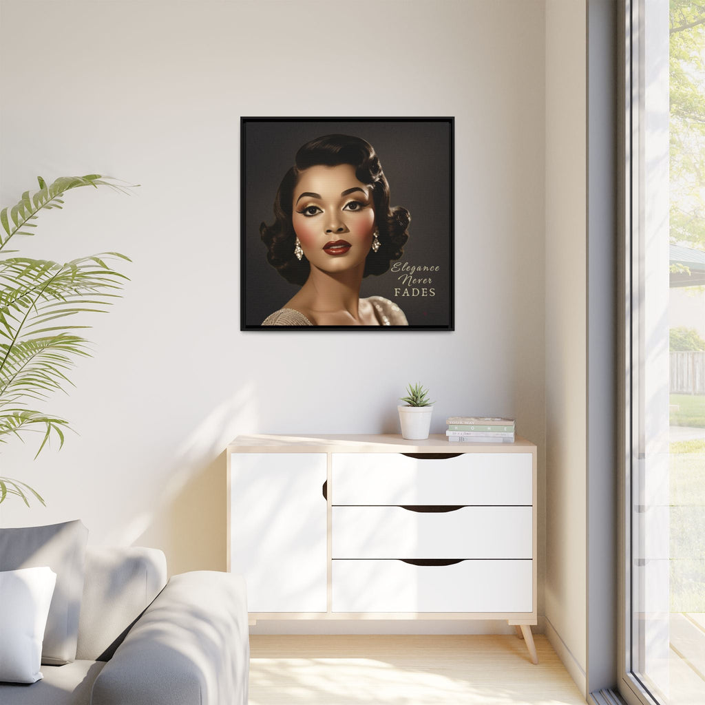 Framed portrait of a woman on a wall above a white dresser with decor items.