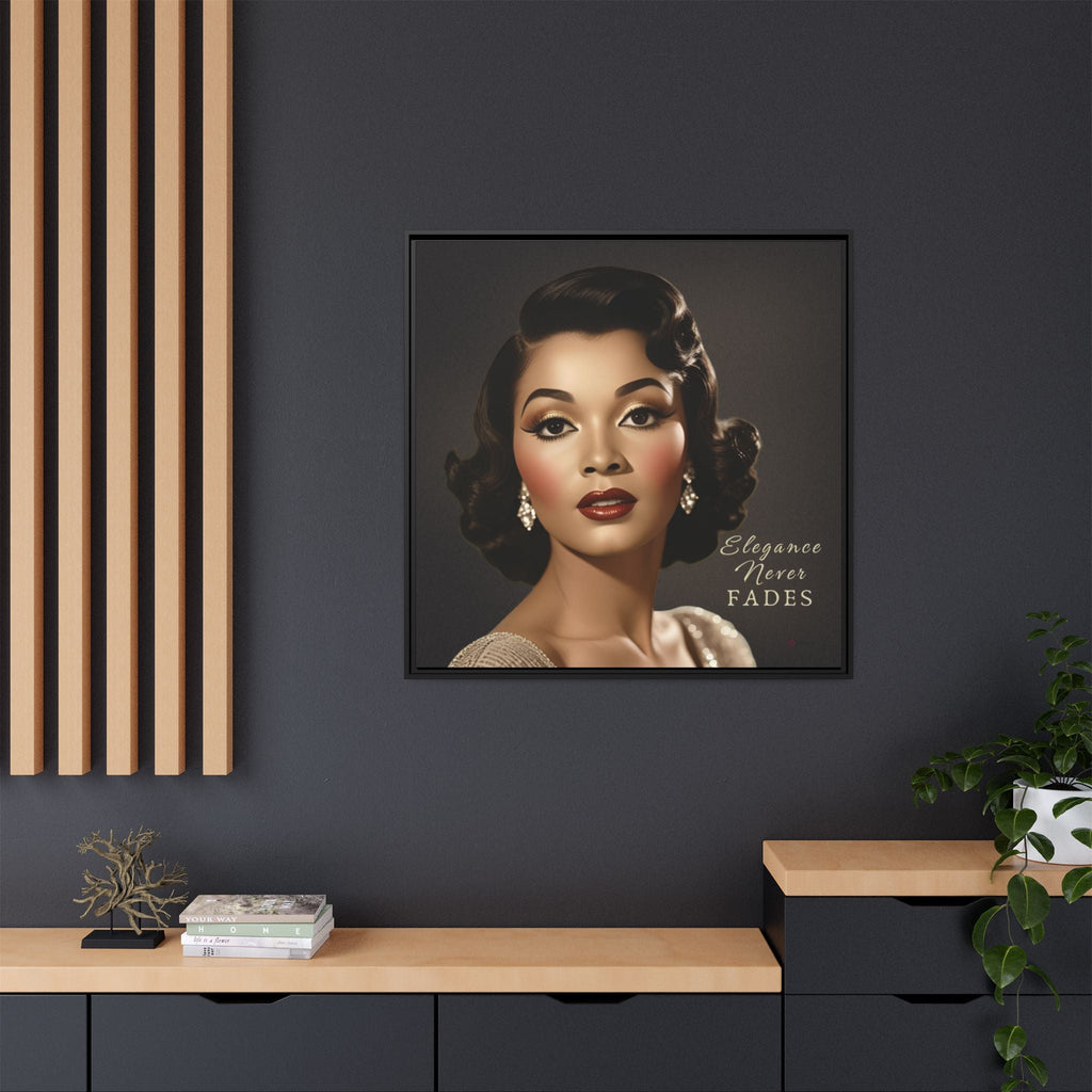 Framed portrait of a woman on a dark wall with decorative elements.