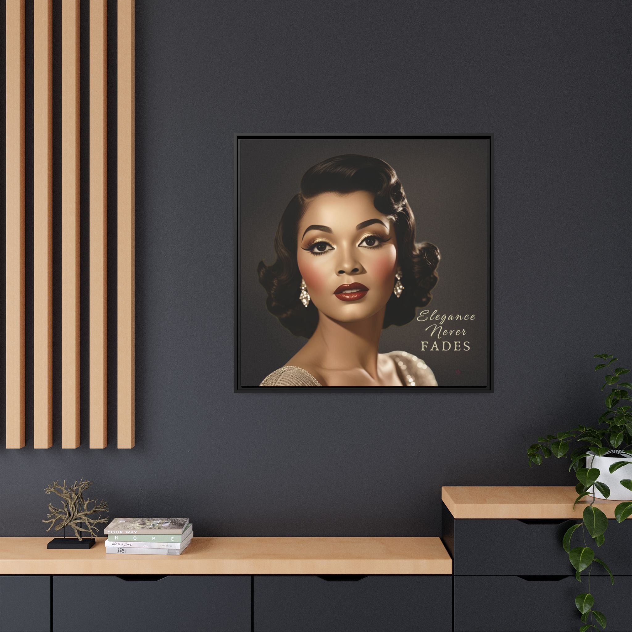 Framed portrait of a woman on a dark wall with decorative elements.