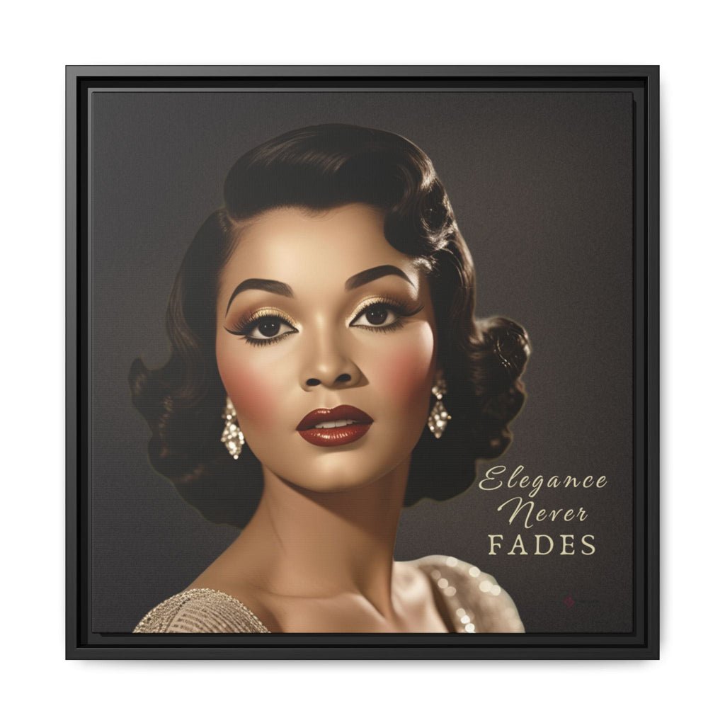 Framed artwork of a woman with styled hair and makeup with text on a dark background by Relatable Designs.
