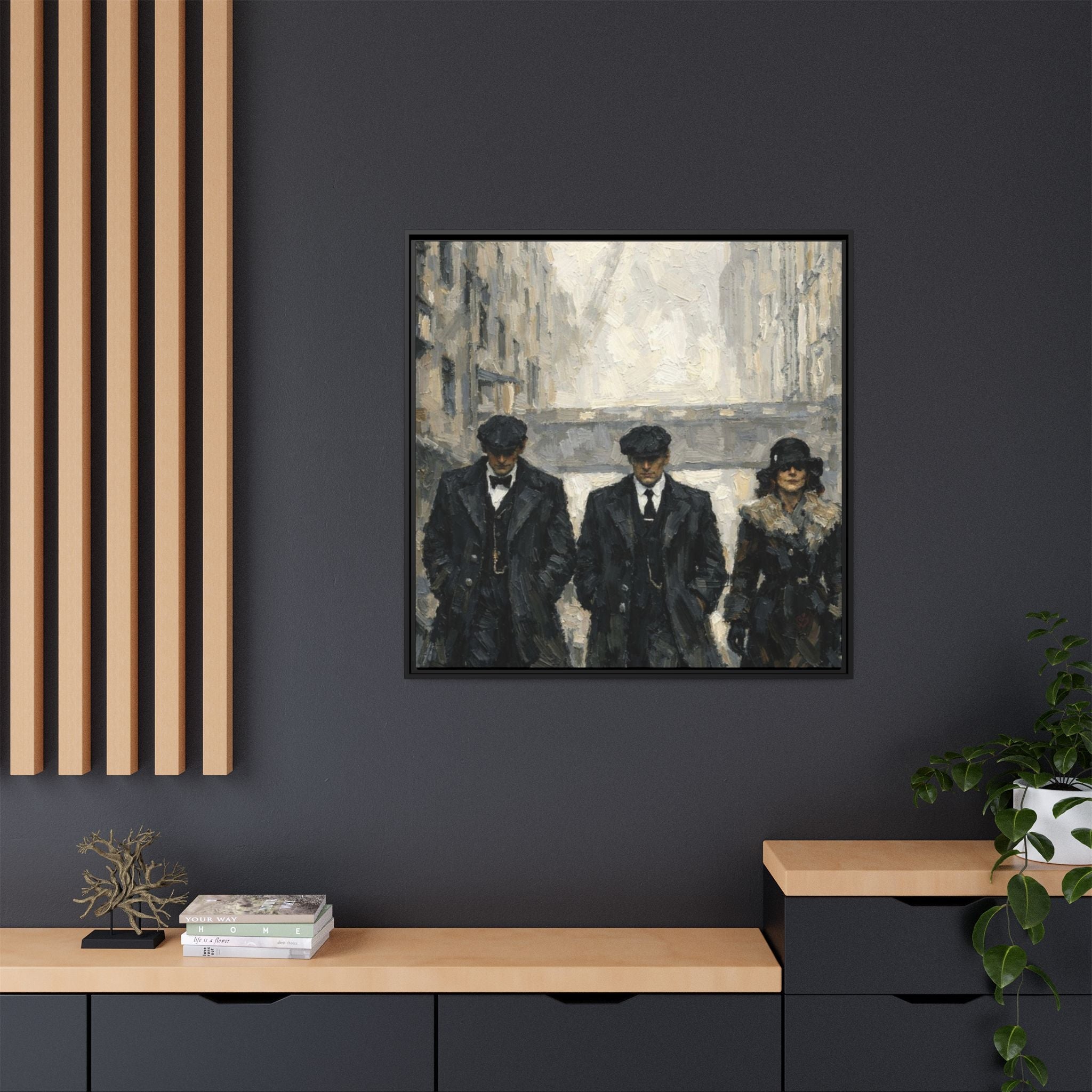 Textured oil painting style wall art featuring bold brushstrokes and timeless authority, modern cinematic decor. 