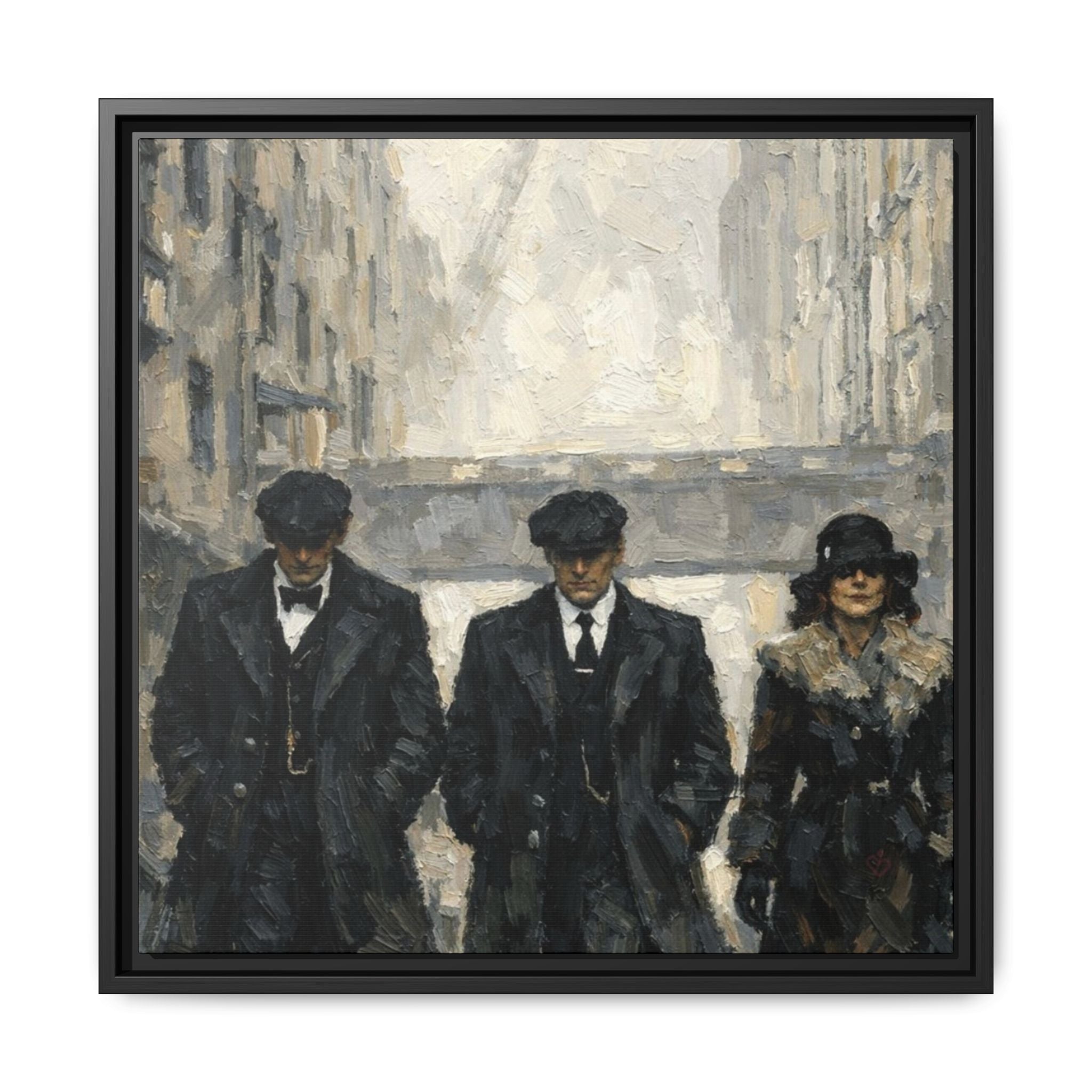 Cinematic impasto wall art of three figures in full coats walking through a misty city street, symbolizing power, presence, and legacy –  by Relatable Designs