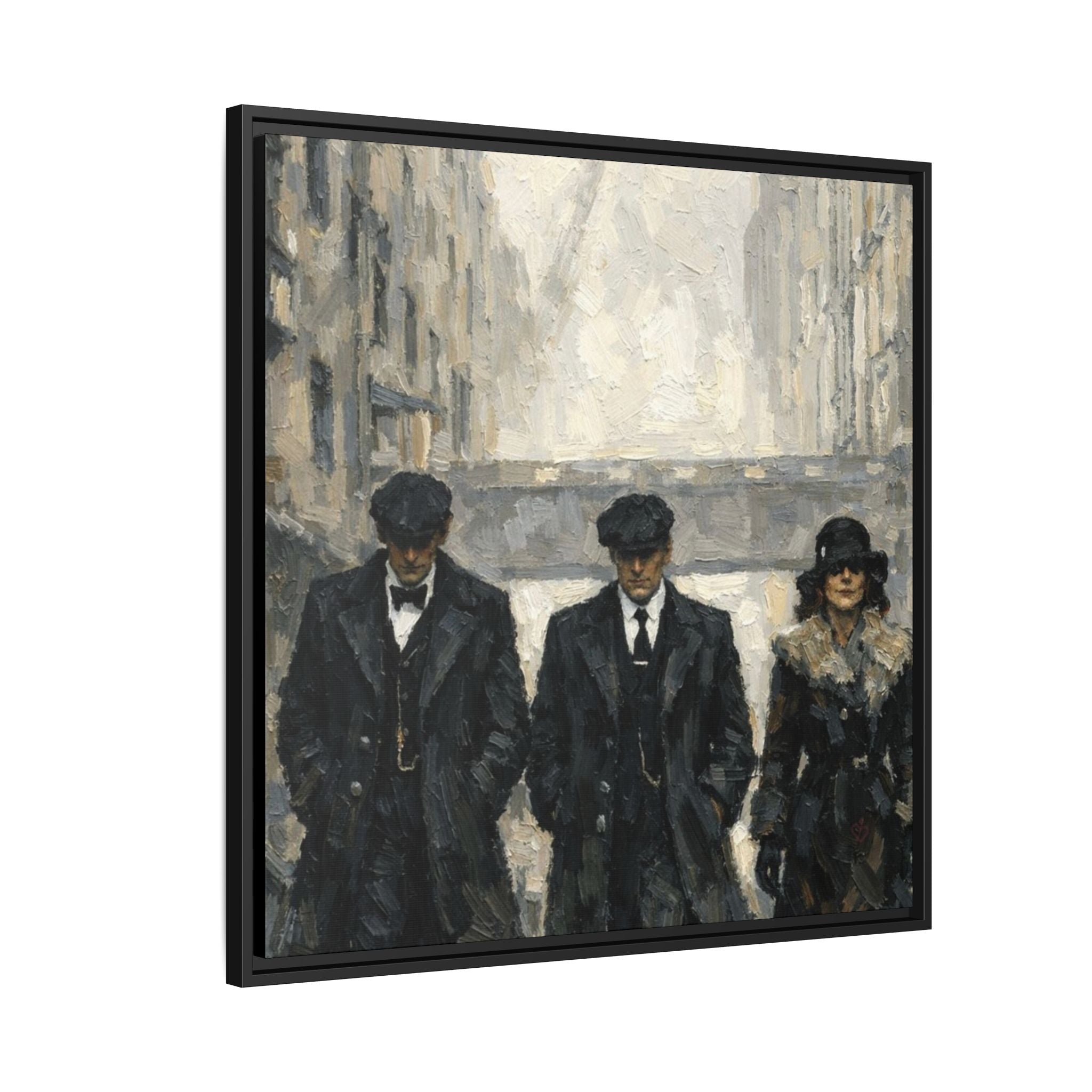 Framed artwork of three figures in dark clothing walking together, with a textured background. Power. Presence. Legacy.