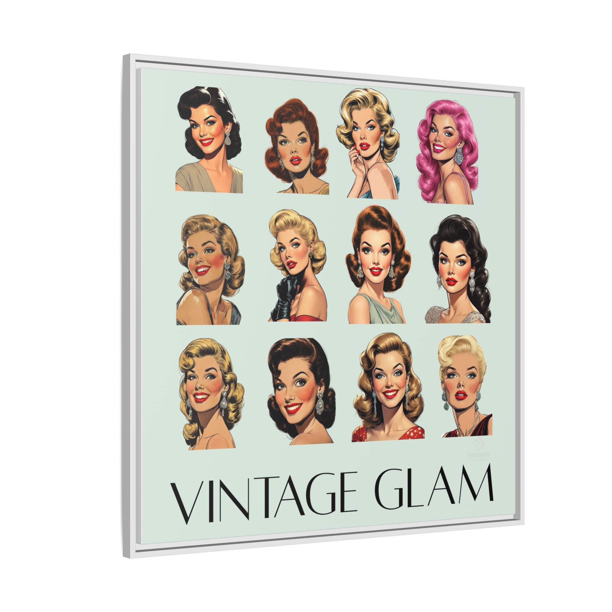 Vintage Glam wall art with illustrations of women's hairstyles on a light green background. Side View.