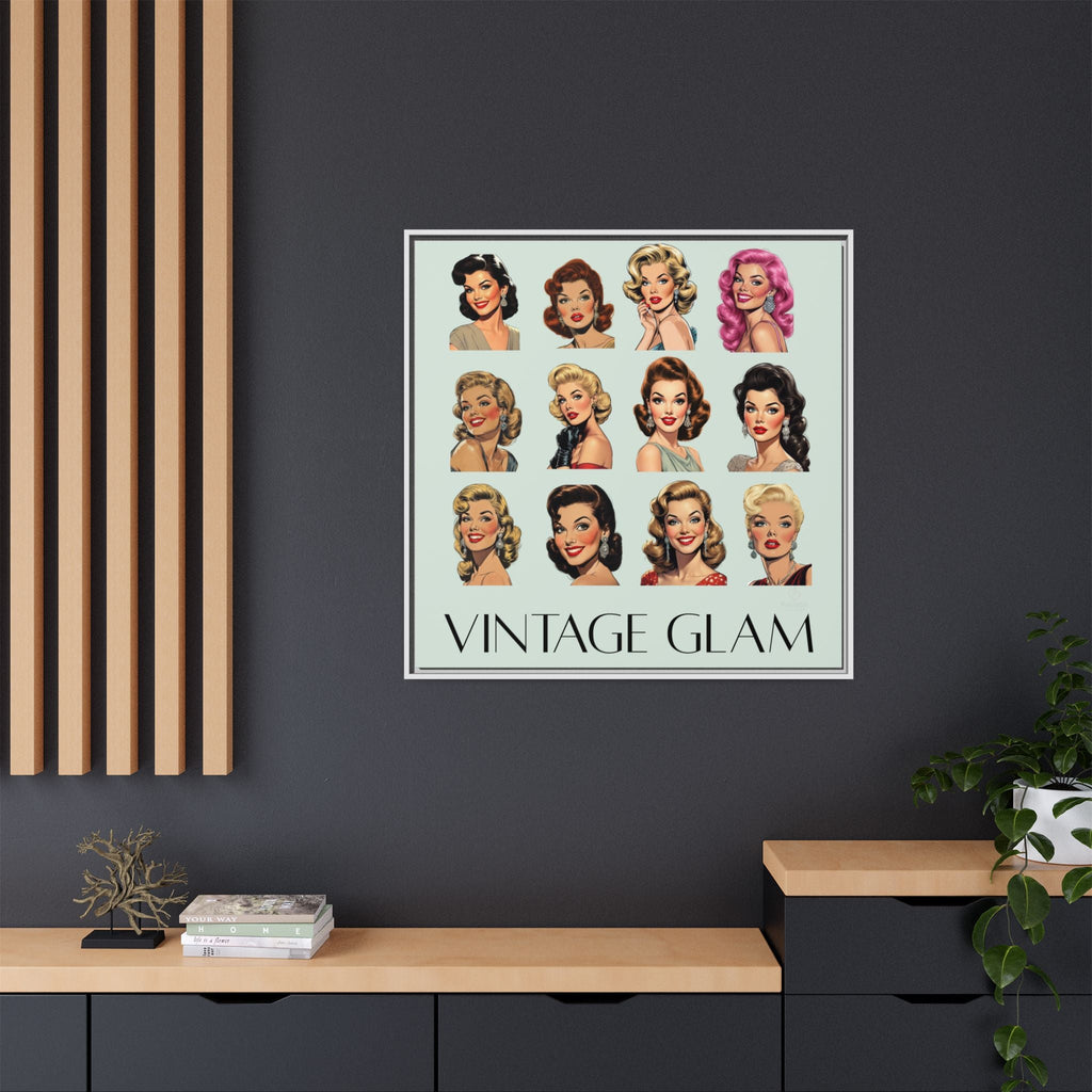 Framed 'Vintage Glam' wall canvas of women on a dark wall with wooden shelves below.