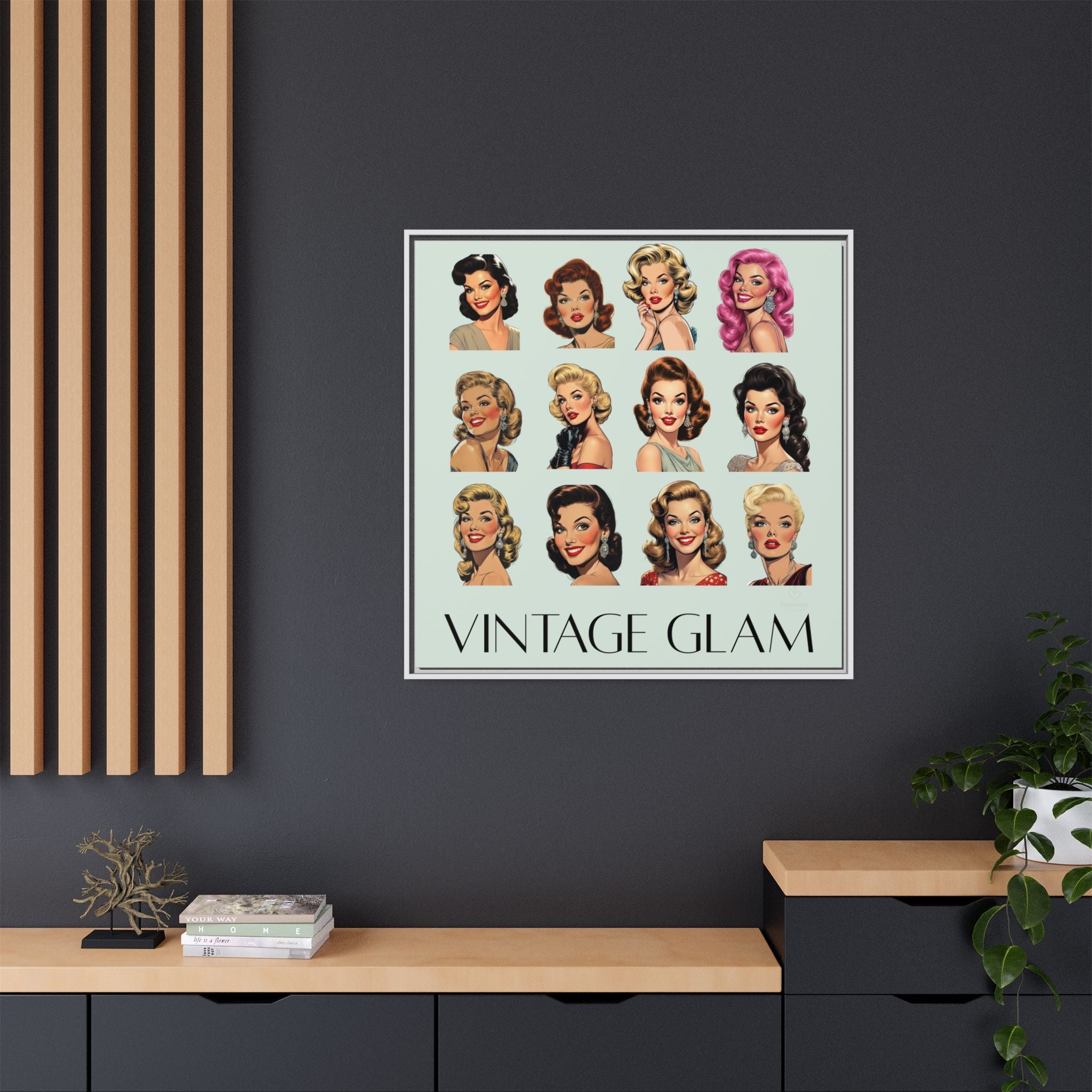 Framed 'Vintage Glam' wall canvas of women on a dark wall with wooden shelves below.