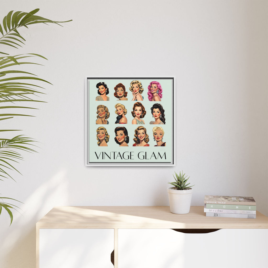 Framed 'Vintage Glam' framed canvas on a wall above a desk with a plant and books.
