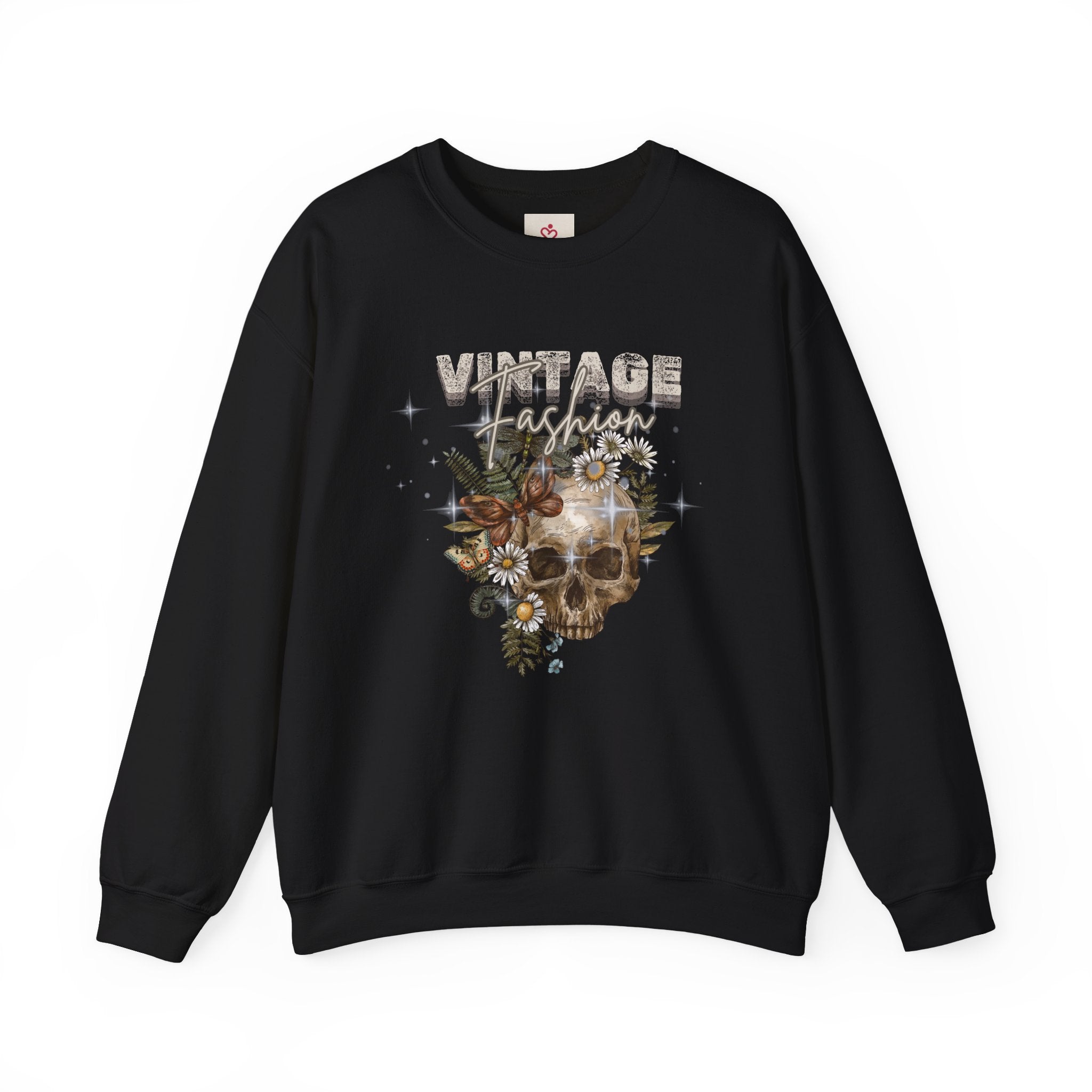 Black sweatshirt with skull and floral design on a white background. Front view.