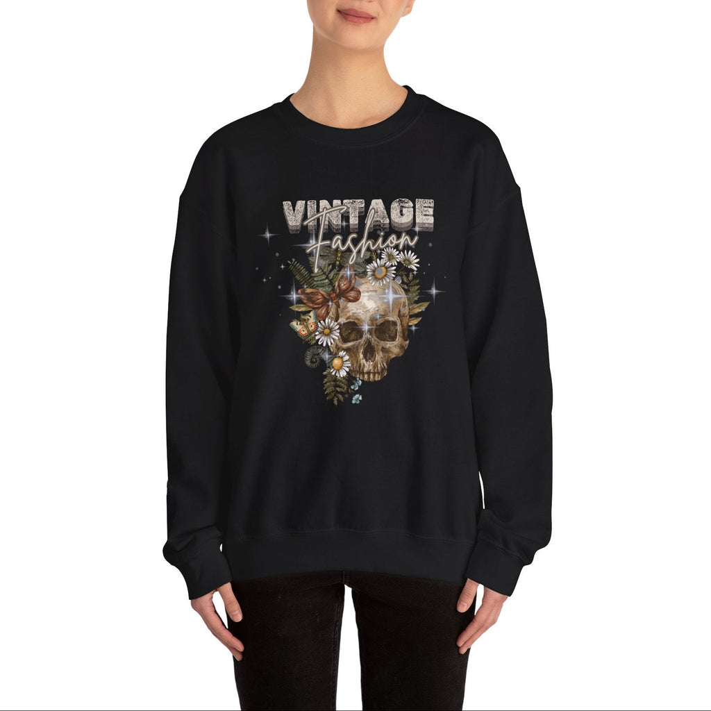 Woman wearing a black unisex sweatshirt with a skull design and 'Vintage Fashion' text on a white background