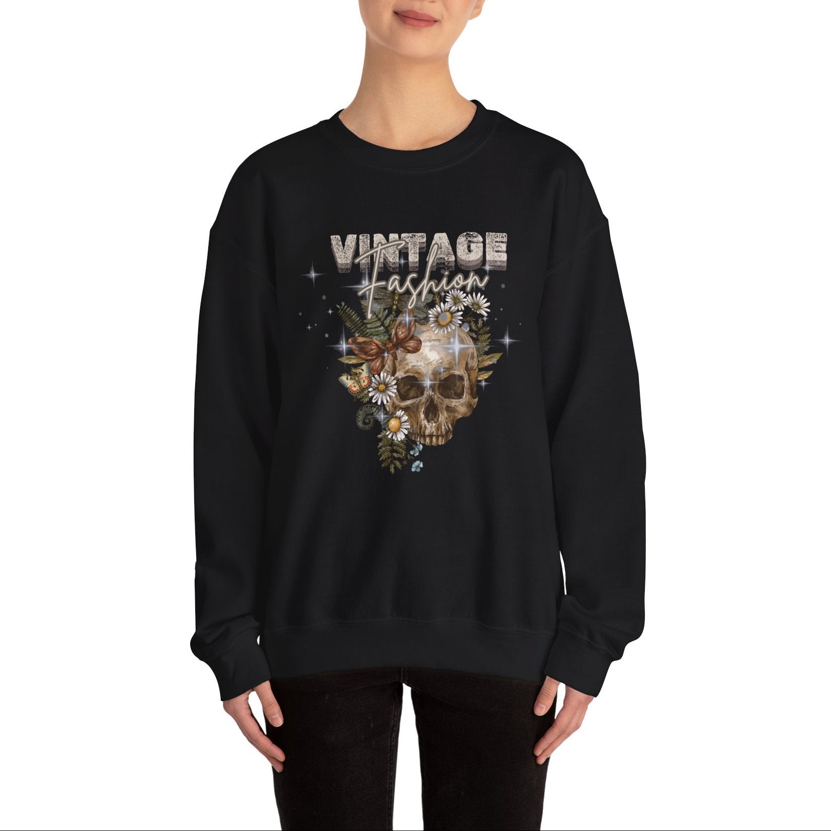 Woman wearing a black unisex sweatshirt with a skull design and 'Vintage Fashion' text on a white background