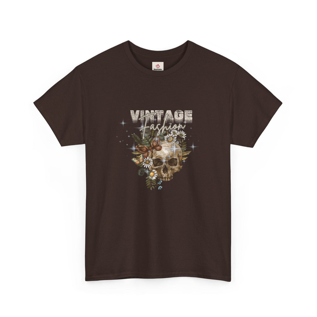 Brown t-shirt with skull and floral design and 'Vintage Fashion' text on a white background.