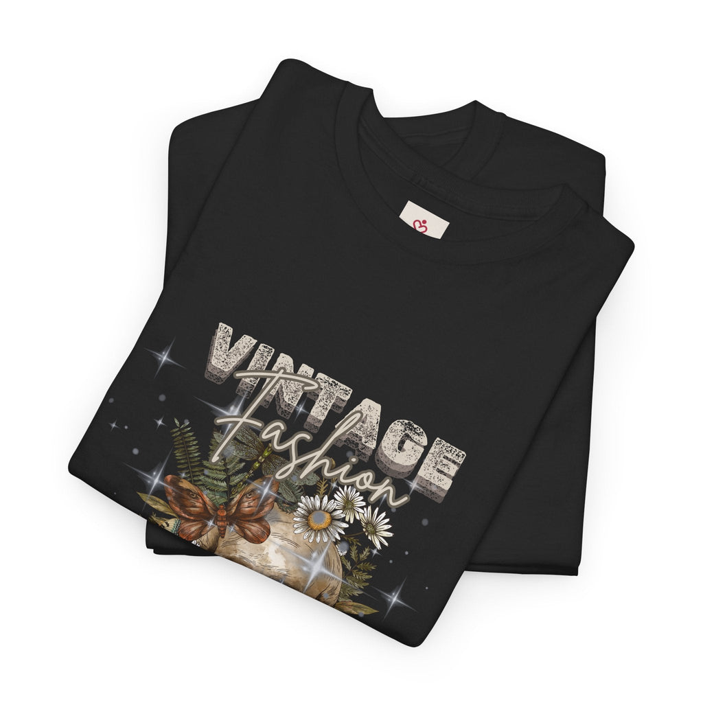 Folded black t-shirt with 'Vintage Fashion' design on a white background.