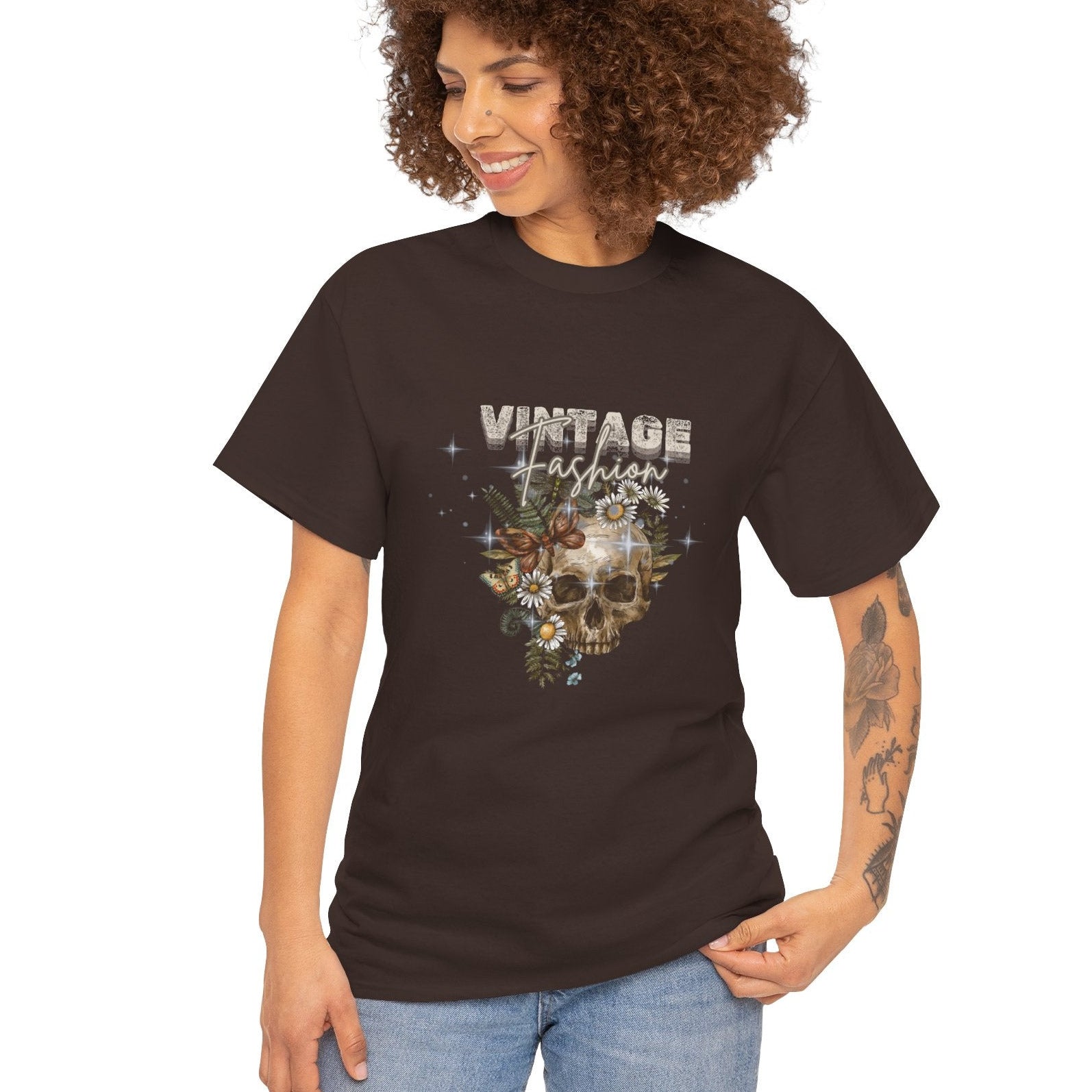 Woman wearing a brown t-shirt with a Vintage fashion graphic design on a white background