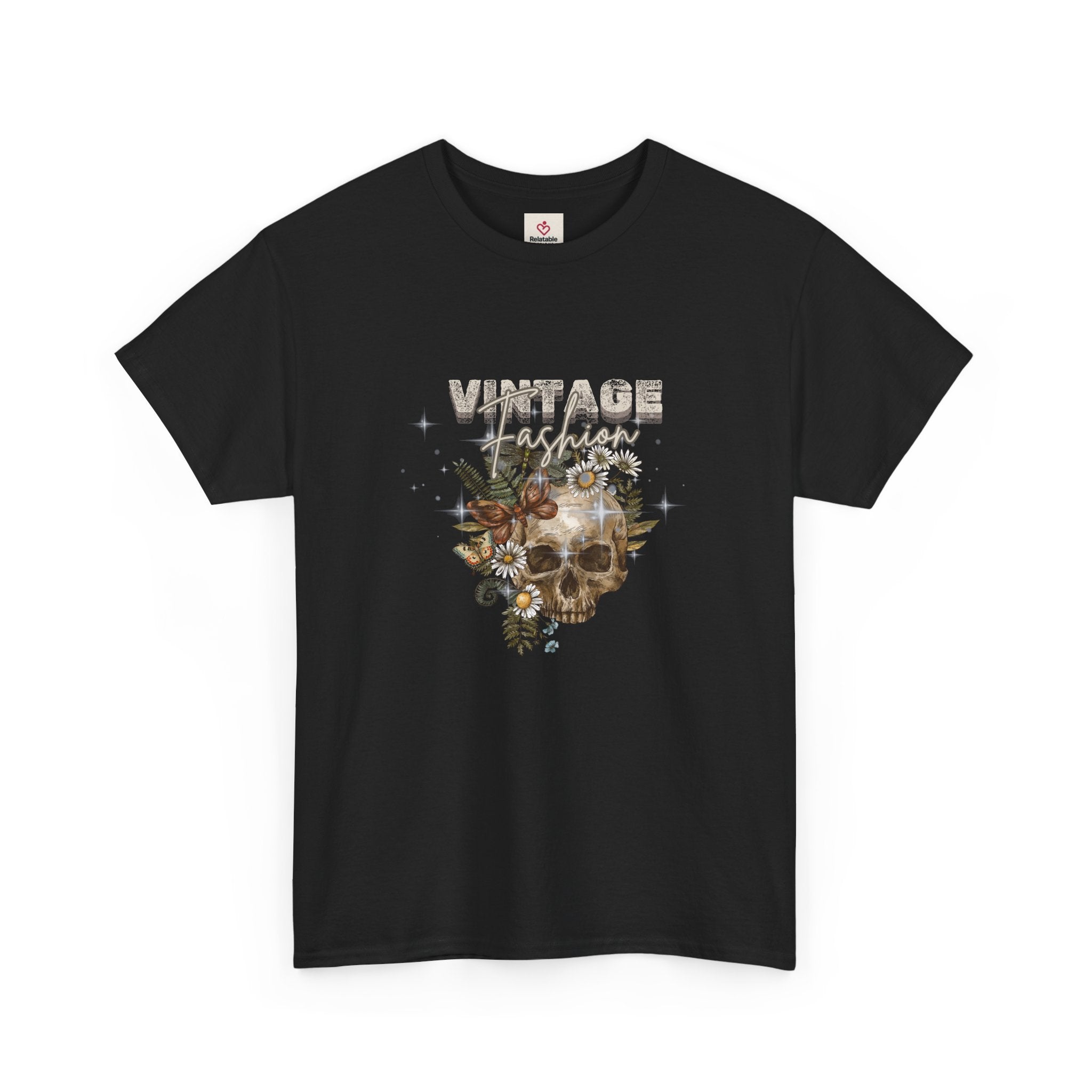 Black t-shirt with a skull and floral design and 'Vintage Fashion' text on a white background by Relatable Designs.