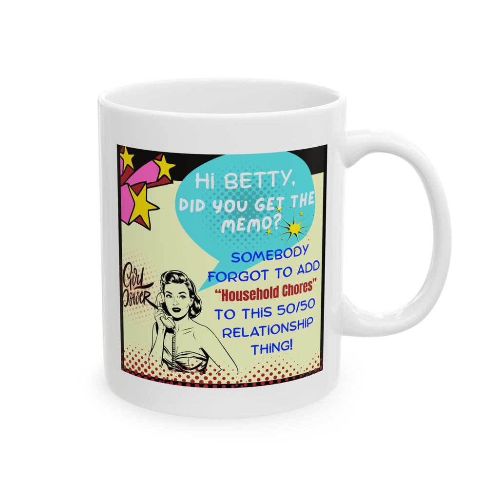 Funny White Ceramic Mug with a 1950's retro-style graphic and text on a white background by Relatable Designs.
