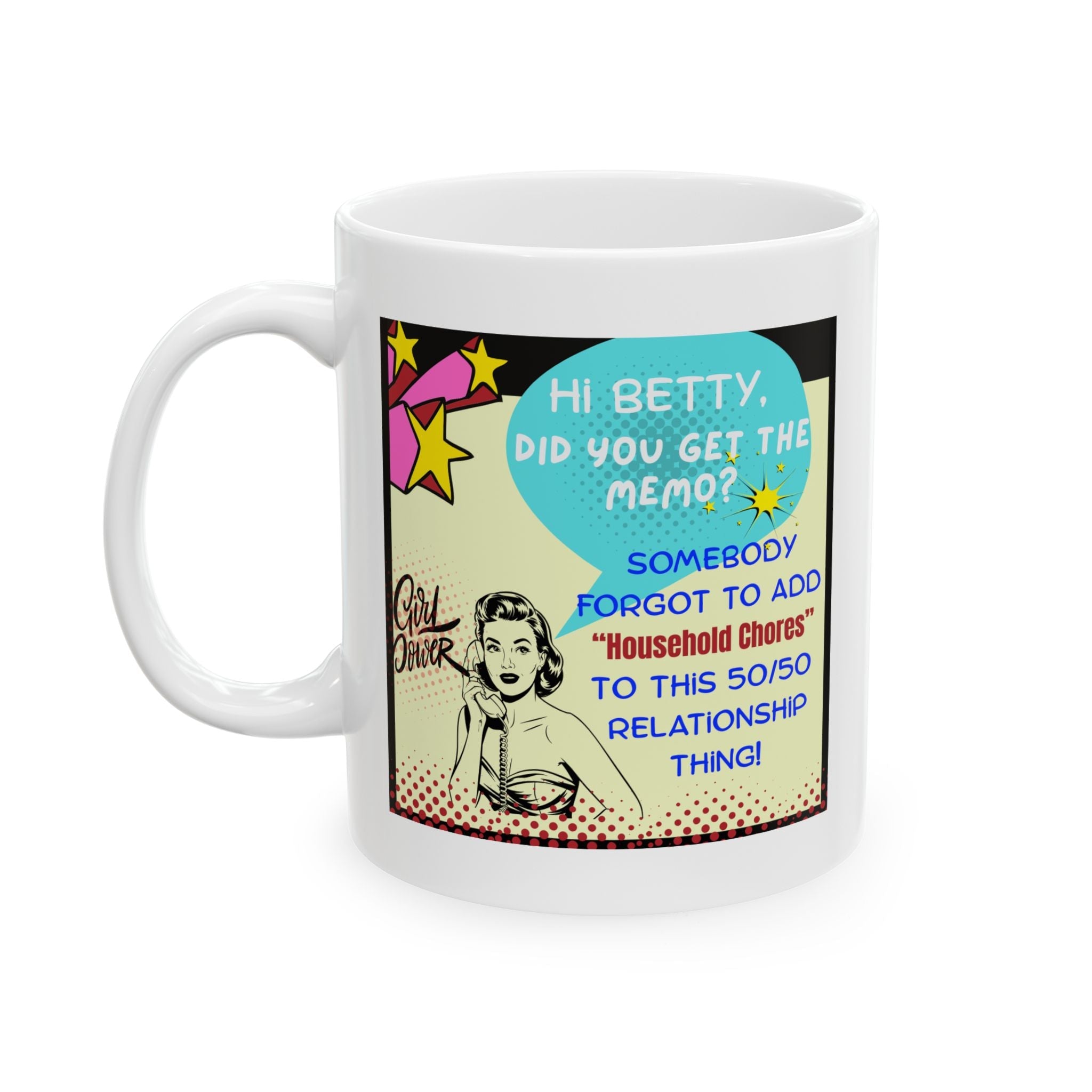 Ceramic Mug with retro-style graphic of woman and text on a white background - Left view