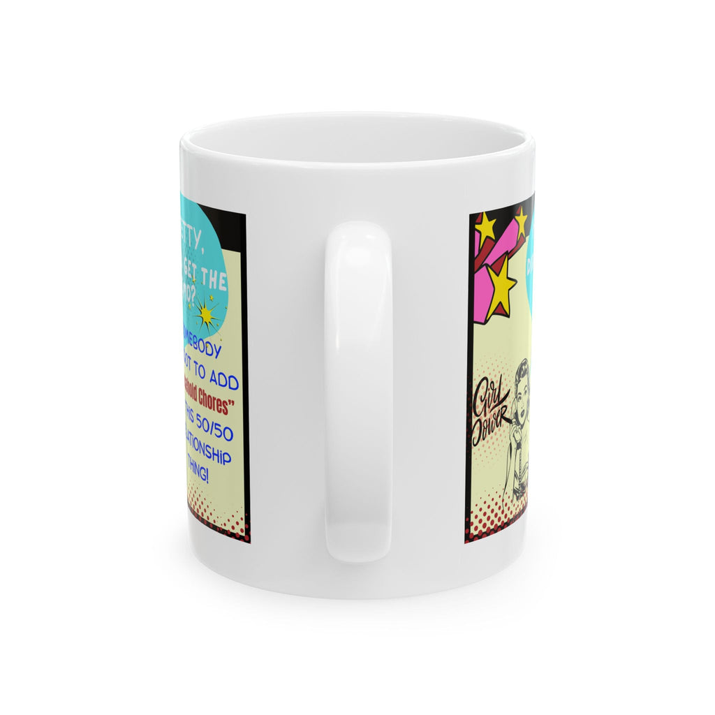 White mug with colorful funny cartoon design on a white background - side view