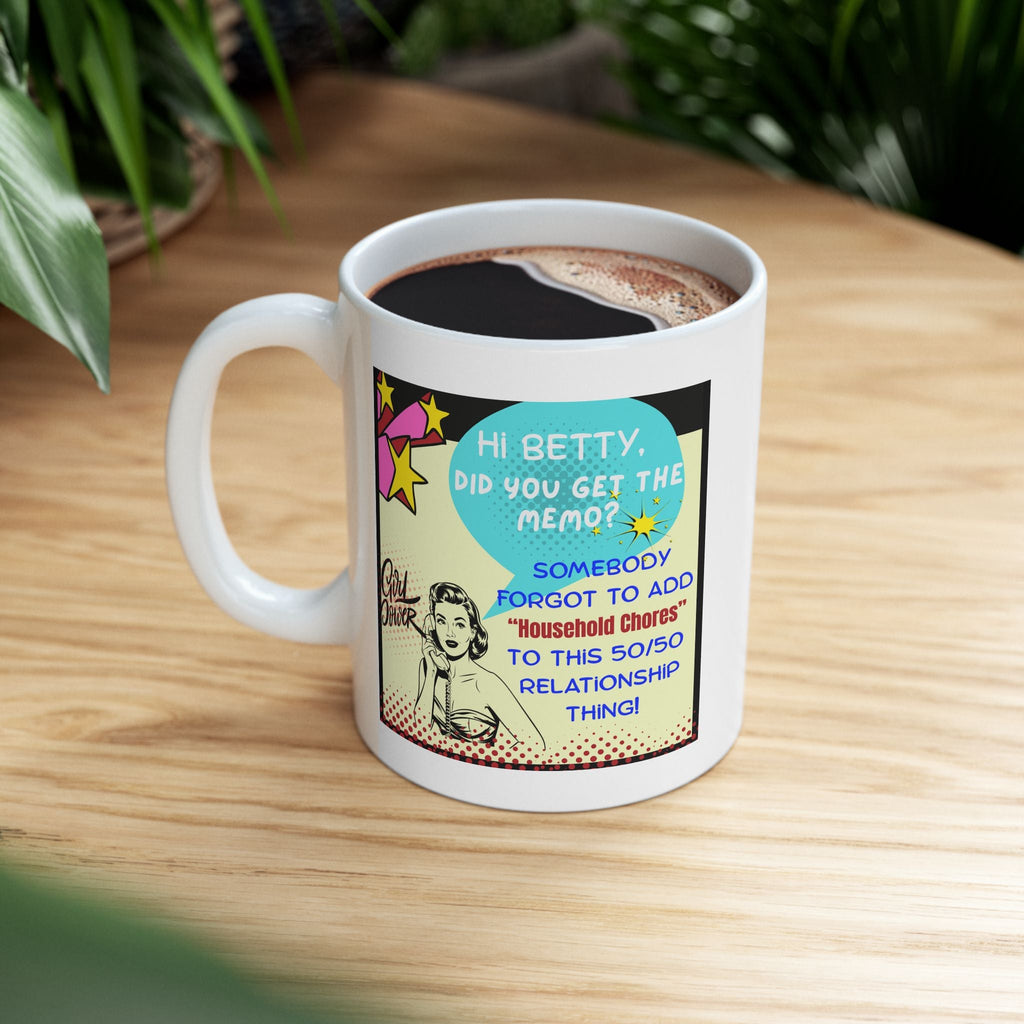 White Mug with a retro-style humorous design on a wooden surface