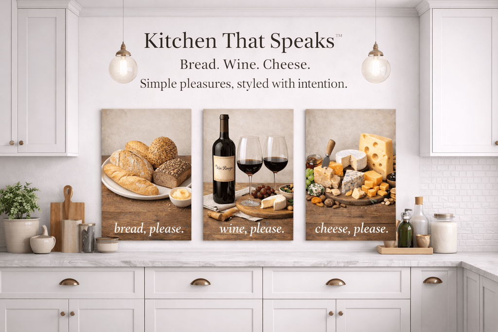 Kitchen wall art decor featuring bread, wine, and cheese prints styled in a modern neutral kitchen setting