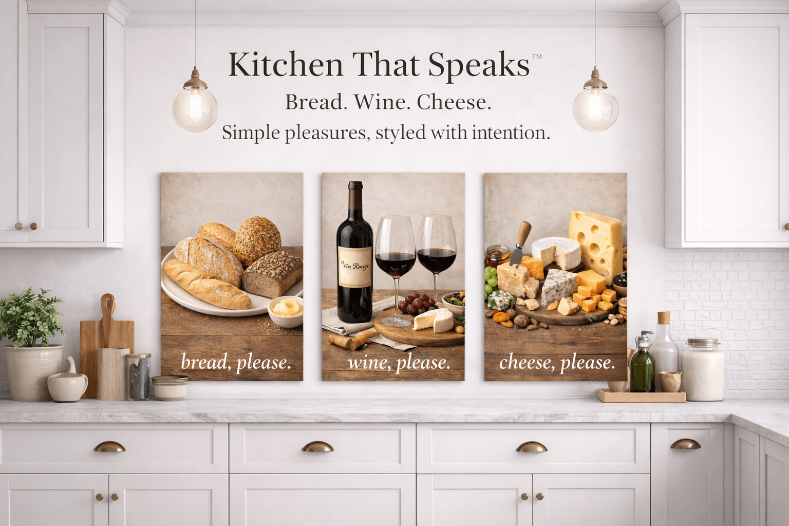 Kitchen wall art decor featuring bread, wine, and cheese prints styled in a modern neutral kitchen setting