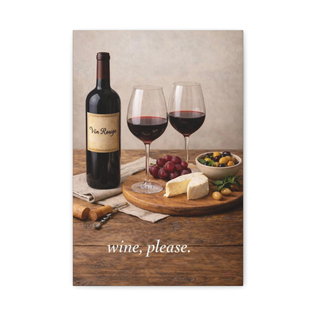 Wine bottle with two glasses of red wine on wooden table with cheese and fruit, featuring  text 'wine, please.' by Relatable Designs.