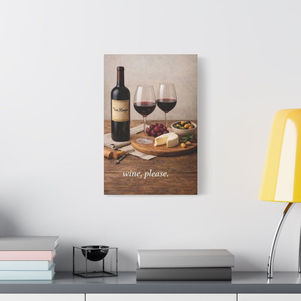 Wall artwork of a wine bottle and glasses on a wooden table with 'wine, please.' text, displayed on a wall above a shelf - 20X30