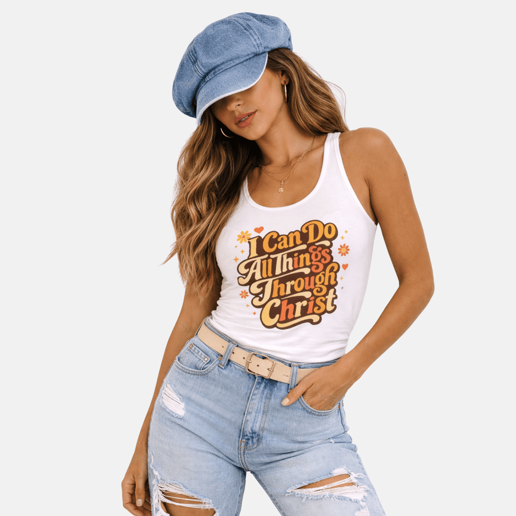 Woman wearing a white tank top with inspirational text and blue jeans on a white background.