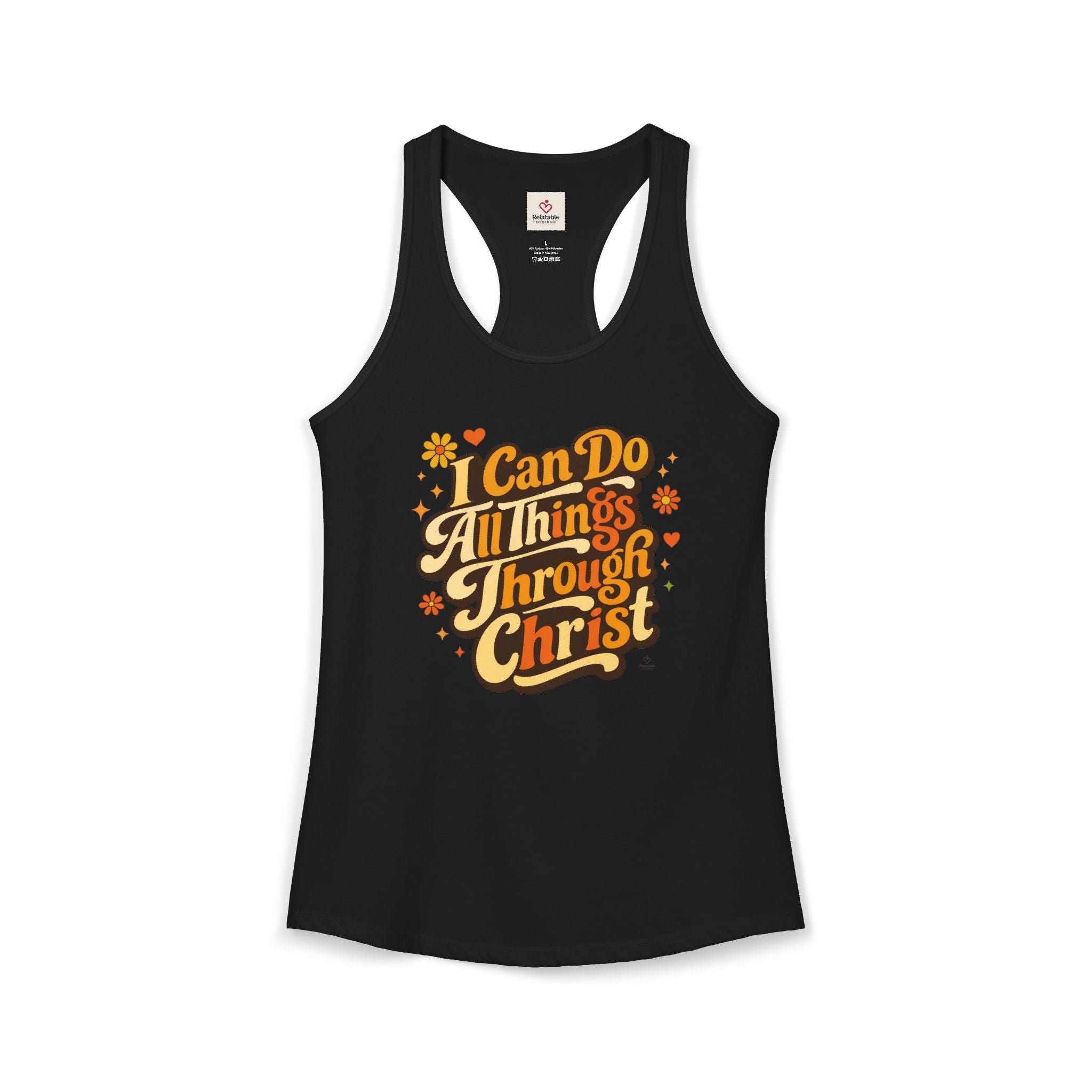 Black tank top with retro yellow and orange text 'I Can Do All Things Through Christ' on a white background