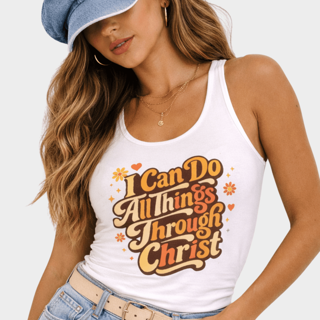 Woman wearing a white tank top with inspirational quote 'I Can Do All Things Through Christ' and denim cap on a plain background by Relatable Designs