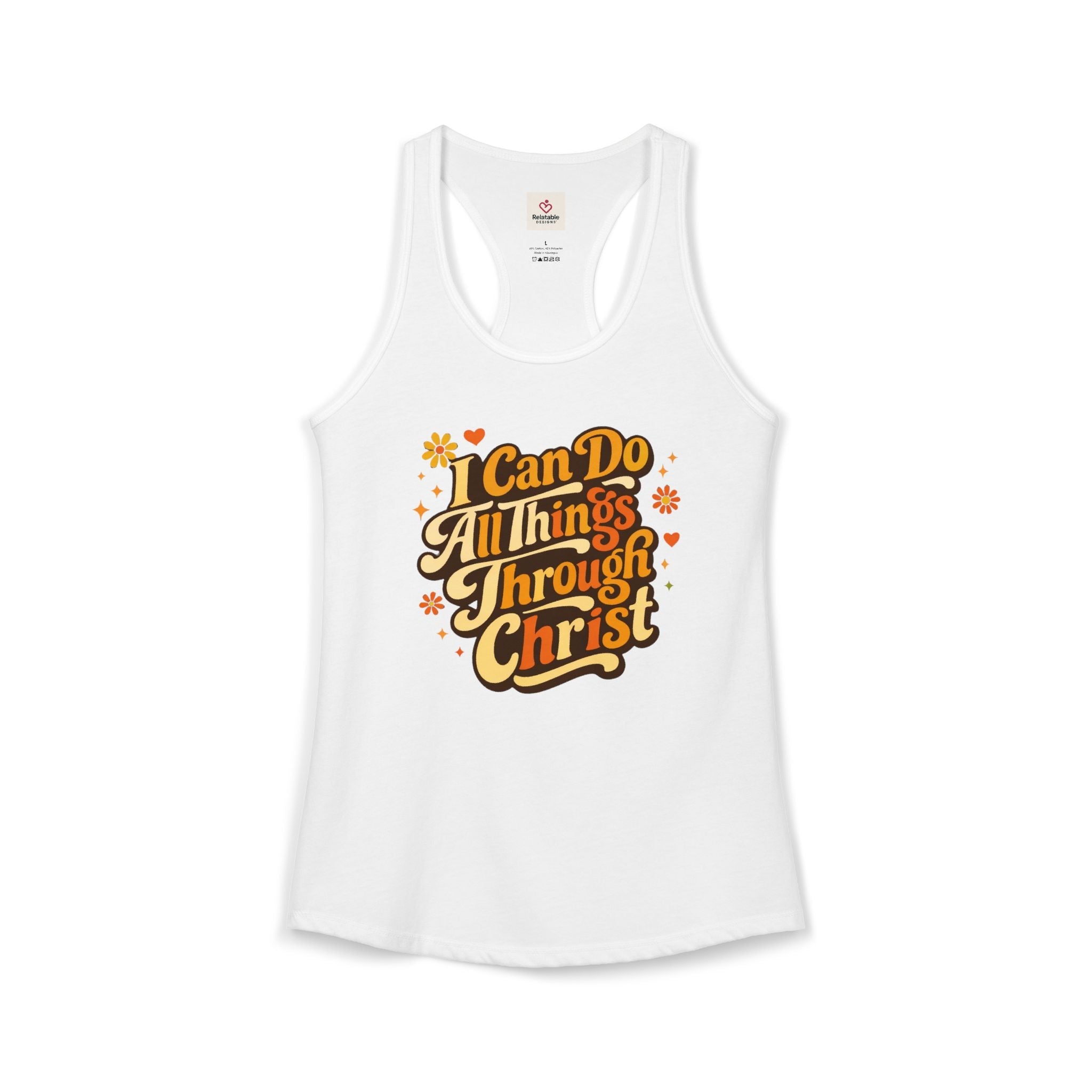 White tank top with inspirational religious 'I Can Do All Things Through Christ' quote on a white background