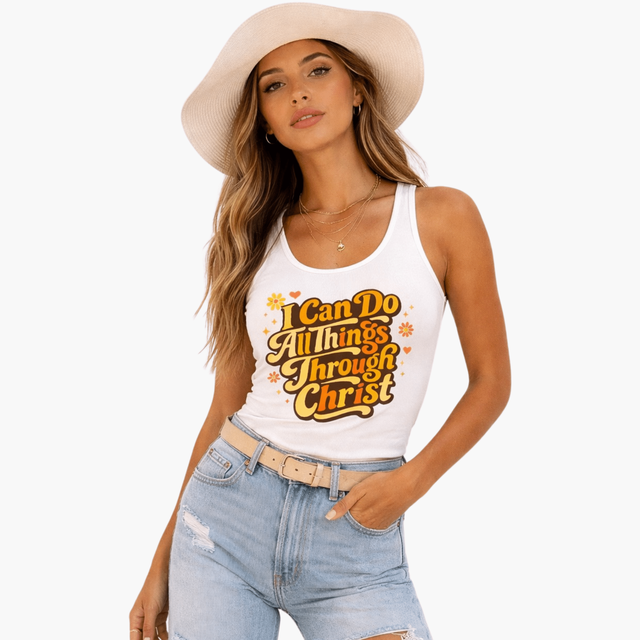 Woman wearing a white tank top with a motivational quote 'I Can Do All Things Through Christ', light blue jeans, and a beige hat on a white background.