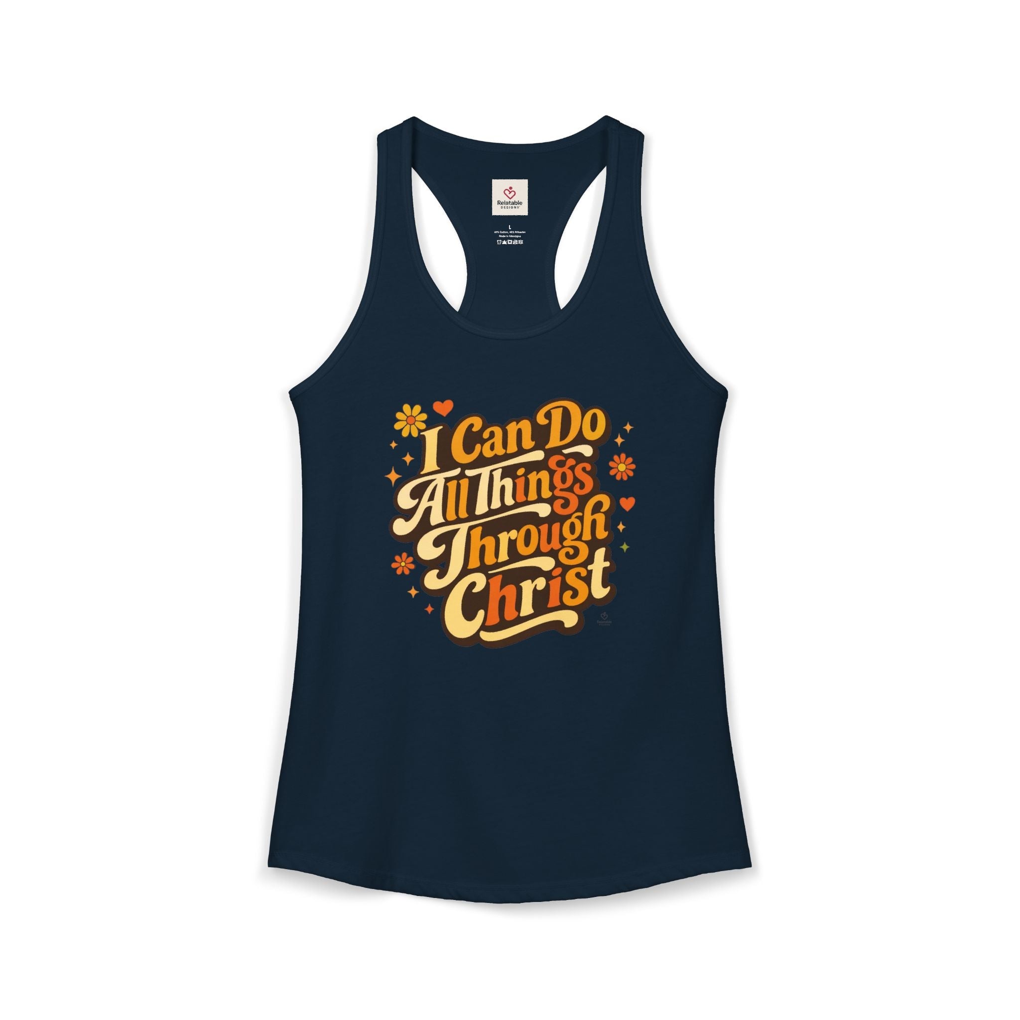 Navy blue tank top with retro yellow and orange text 'I Can Do All Things Through Christ' on a white background