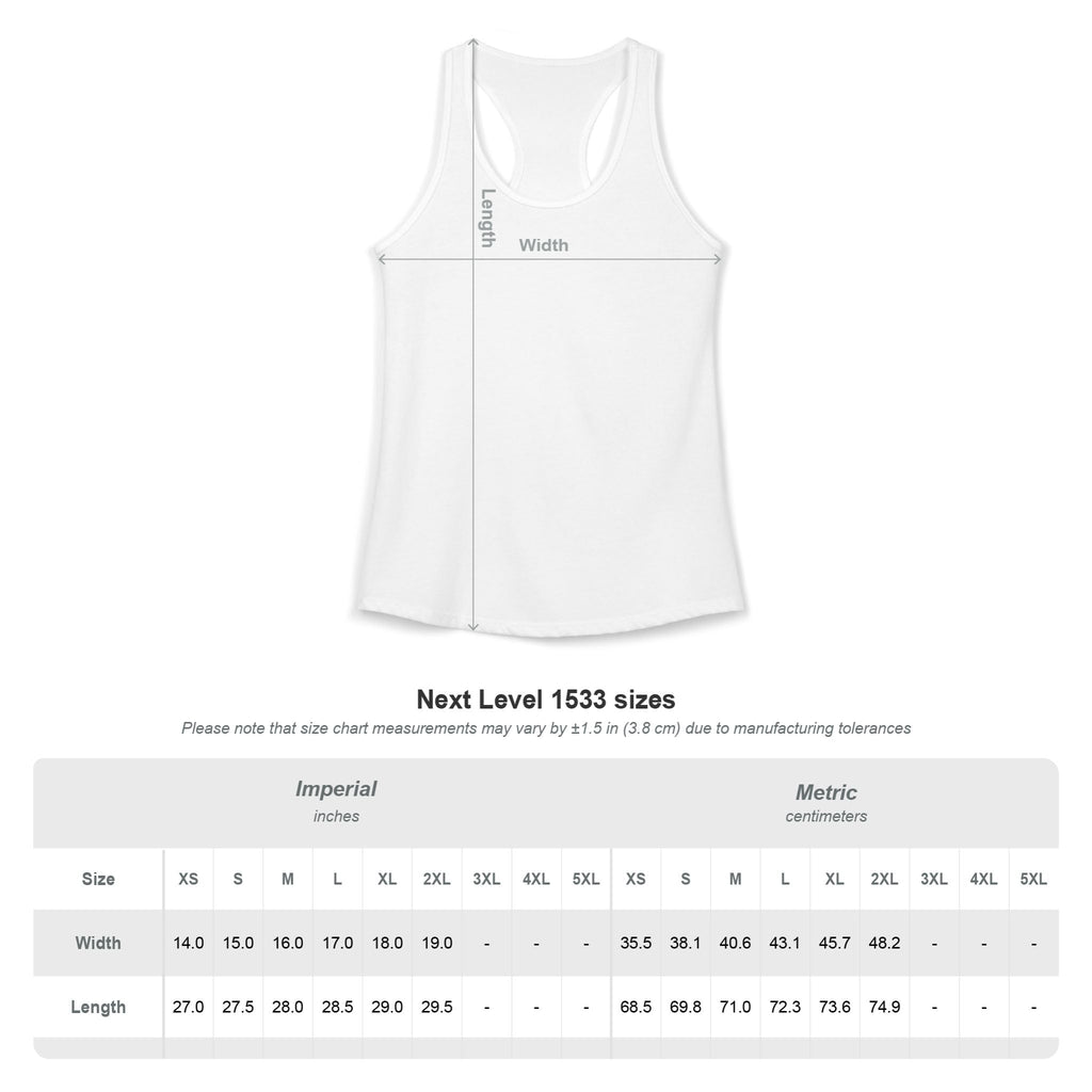 White tank top with measurement lines and size chart for 'I Can Do All Things Through Christ' on a white background